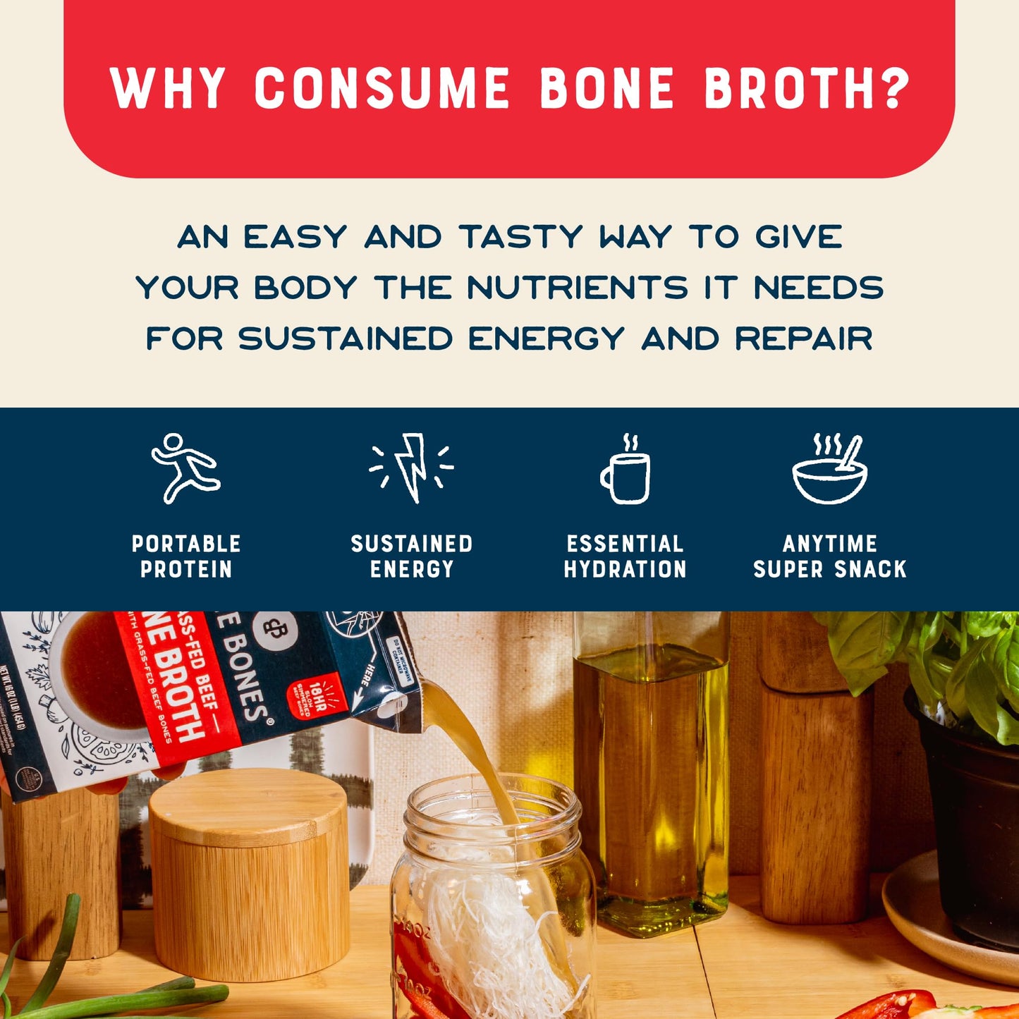 Bare Bones Beef Bone Broth, Grass-Fed, Non-GMO, Gluten & Dairy-Free, 16oz Carton, 8 Pack