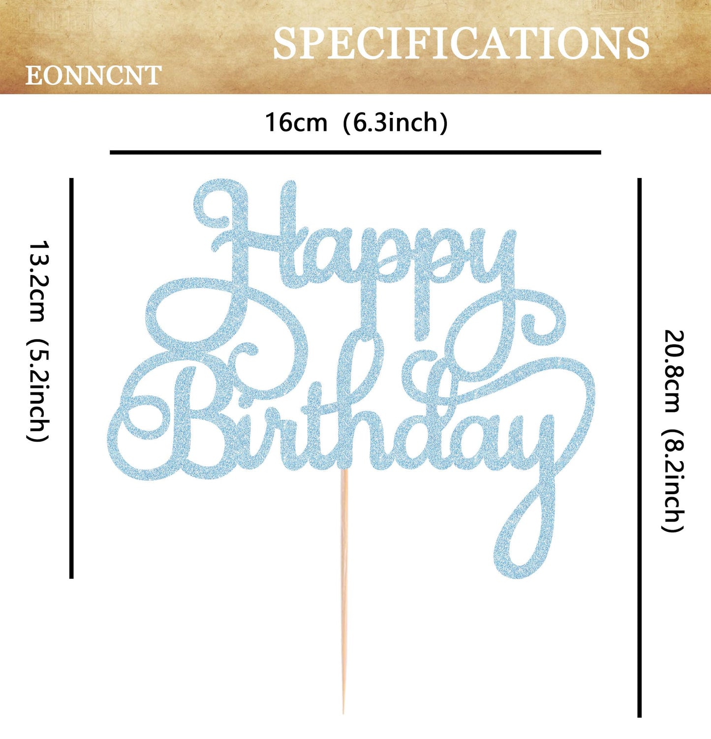 EONNCNT Happy Birthday Cake Topper - Light Blue Glitter, 6.3x8.2, Paper, Model: MOUCCT-HB