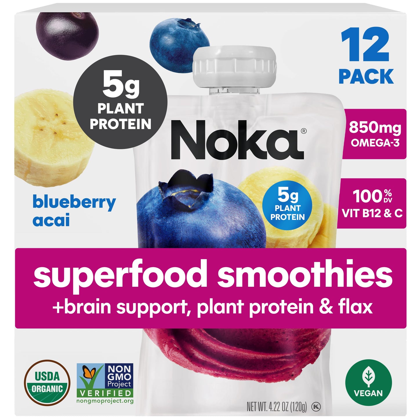 Noka Superfood Fruit Smoothie Pouches, Blueberry Acai with Brain Support, Healthy Snacks w/ 850mg Omega-3 Flax Seed, Plant Prote