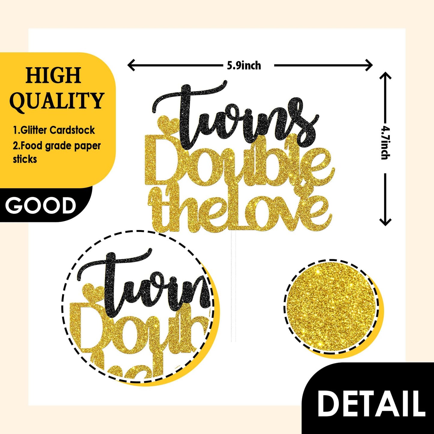Talorine Twins Double The Love Cake Topper, Gold Black Glitter, Cardboard