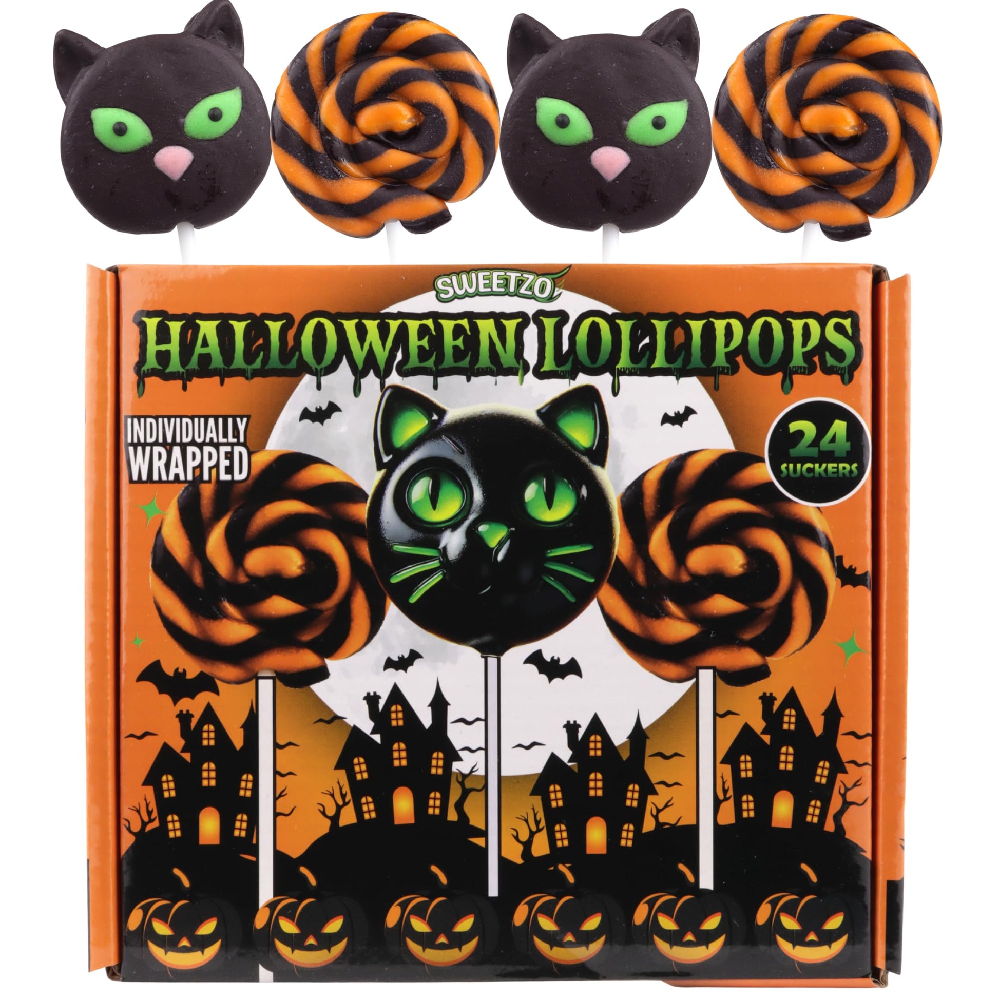Sweetzo Halloween Lollipops, Candy Swirl and Cat Suckers, 24 Count, Individually Wrapped, Medium Size