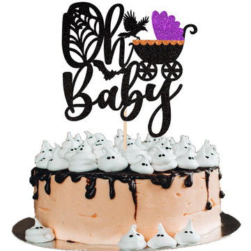 1 Pcs Halloween Oh Baby Cake Topper Glitter Spider Web Cat Carriage Baby Shower Cake Pick Little Boo Halloween Cake Decoration F