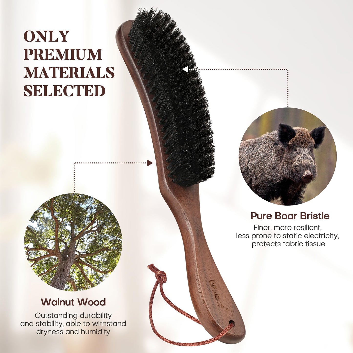 Bfwood Clothes Brush - Boar Bristle Lint Brush For Suits, Cashmere, Wool, Velvet, Suede And Pet Hair - Large Black Walnut Wood H