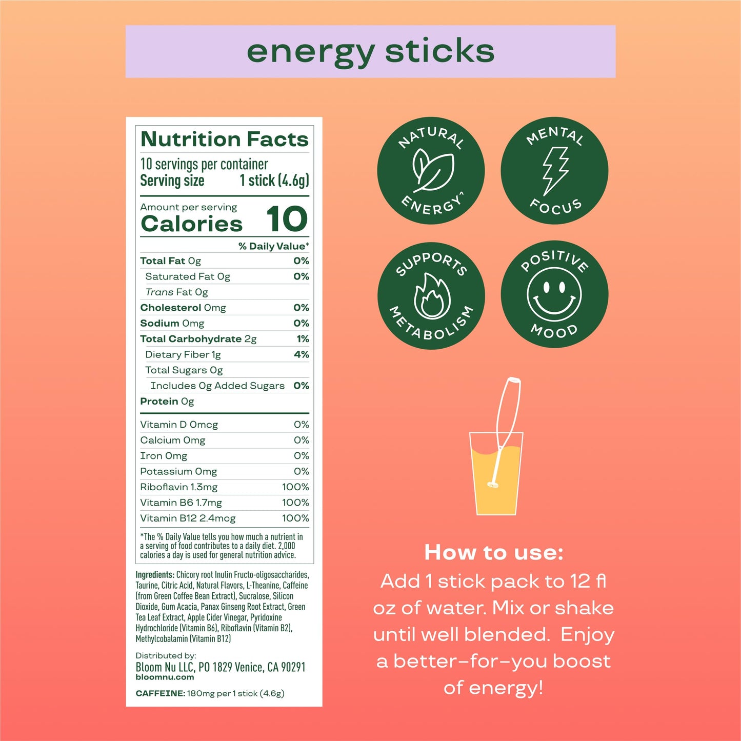 Bloom Nutrition Energy Drink Powder Packets  Sugar Free Energy Drink Mix with L-Theanine  B Vitamins & Natural Caffeine  On the Go Powder Sticks for Natural Energy  10 Calories (10 Pouches (Pack of 1)  Peach Mango)