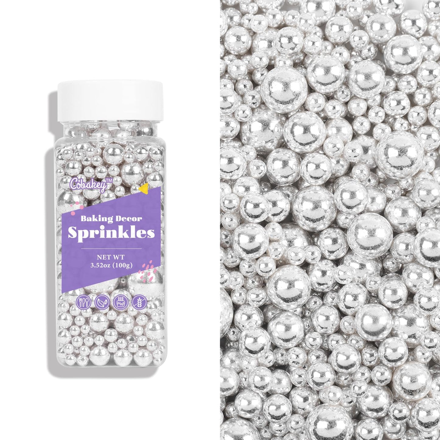 Cobakey Bright Silver Sprinkles For Cake Decorations 3.52 Ounce Silver Metallic Pearl Sugar Sprinkles For Cupcake Toppers Weddin