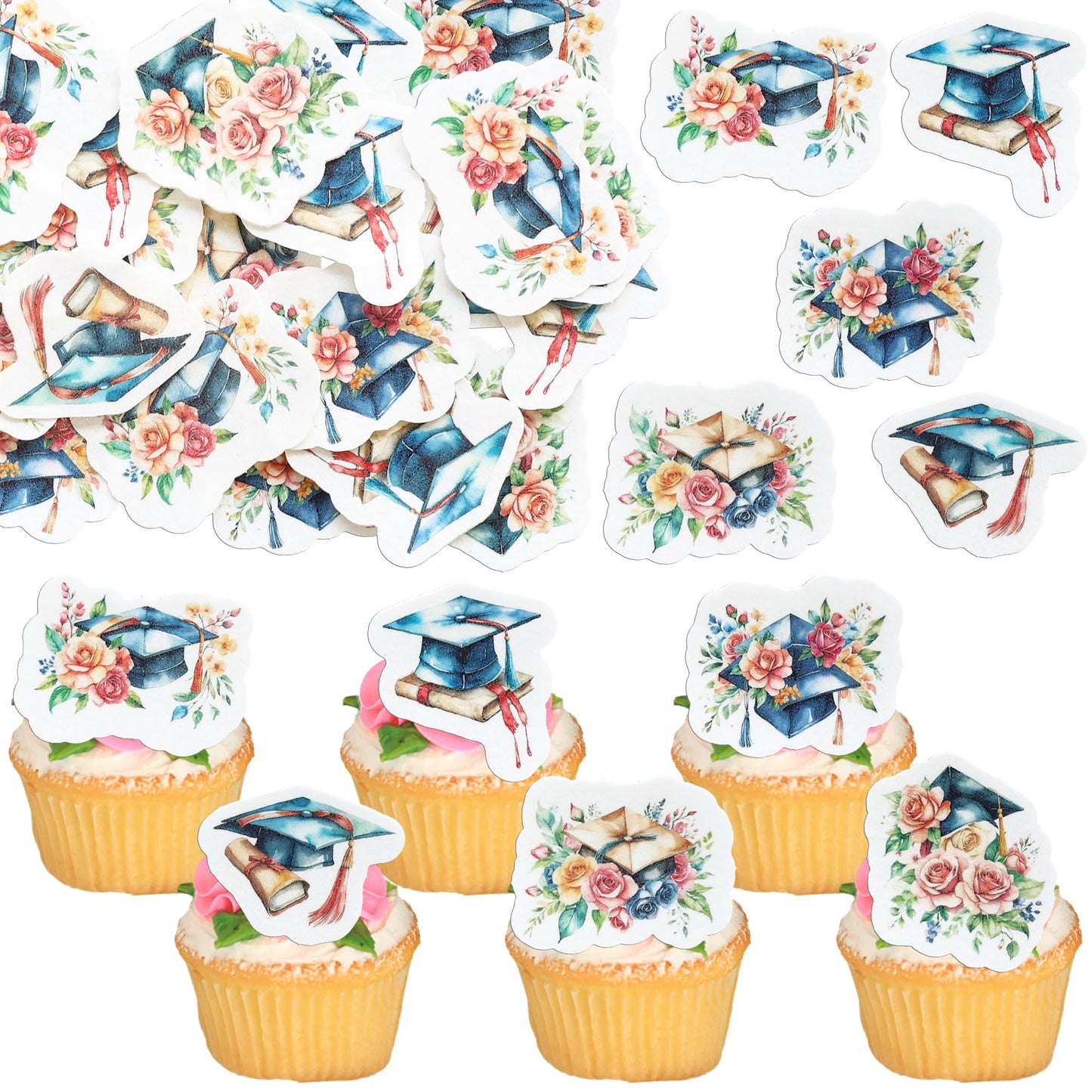 Ephlyn 54Pcs Edible 2025 Graduation Cupcake Toppers Wafer Paper Flower Grad Cap Cupcake Picks Diploma Done Congrats Grad Cake De