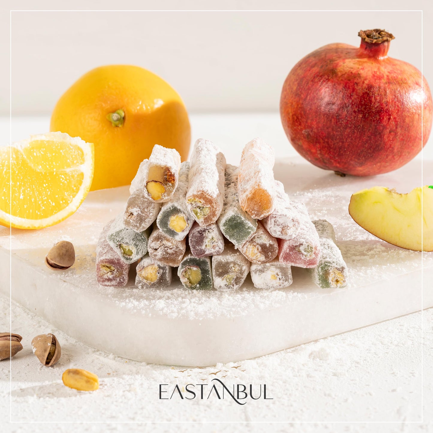 Eastanbul Turkish Delight Candy Sticks Pistachio Filled 8.8Oz, W/ 4 Flavors: Apple, Orange, Pomegranate, Vanilla International C