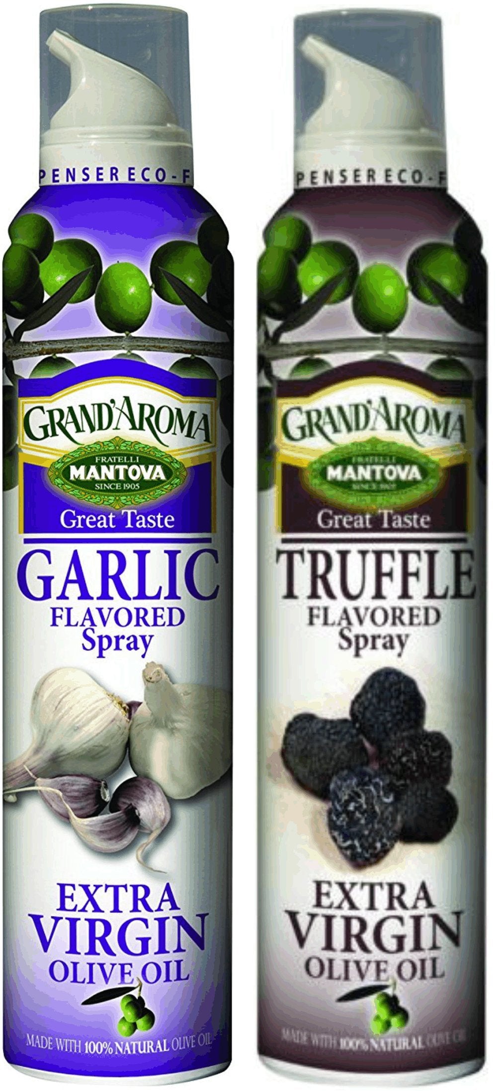 Mantova Grand' Aroma Extra Virgin Olive Oil Sprays - Garlic and Truffle Flavors - 8 Ounce each