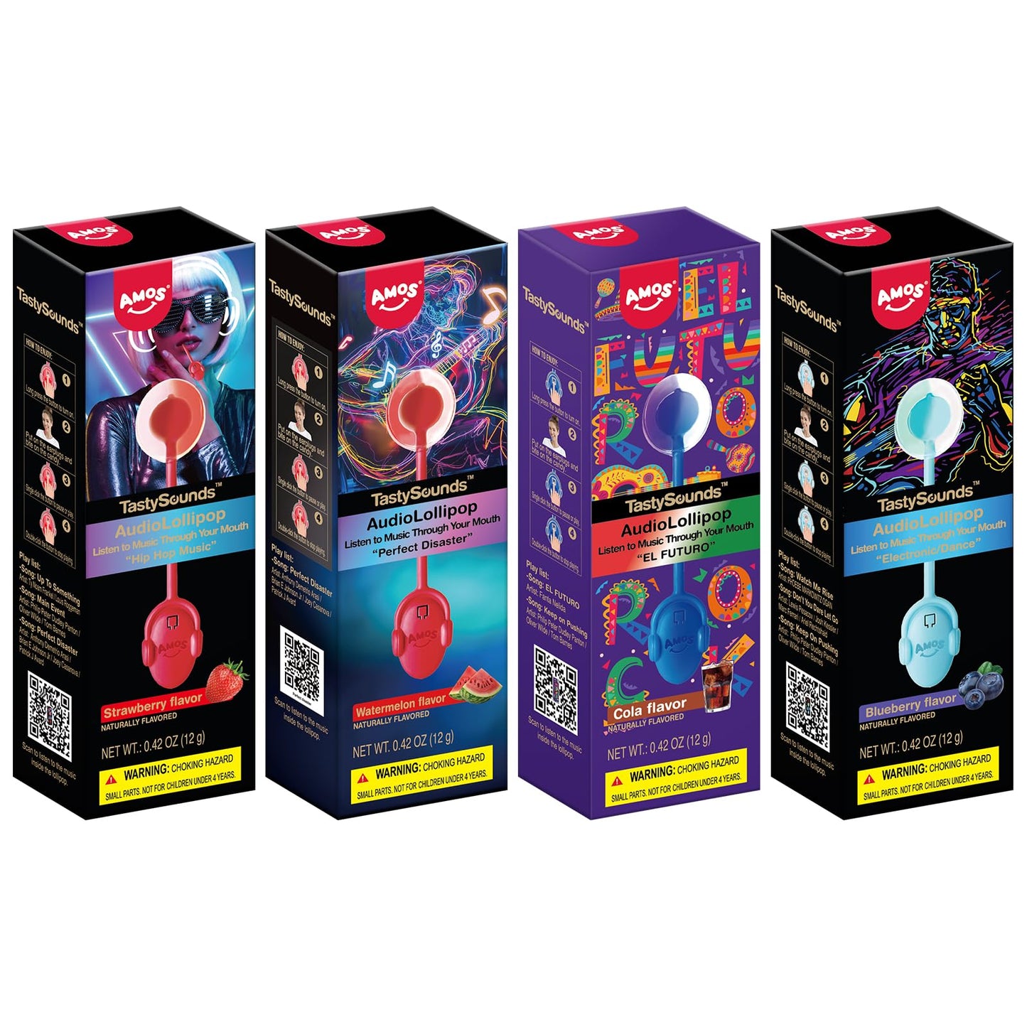 Amos TastySounds Audio Music Lollipop Candy - Singing Music Lollipop Suckers, Sugar-Free, 4-Pack Variety (Strawberry, Blueberry,