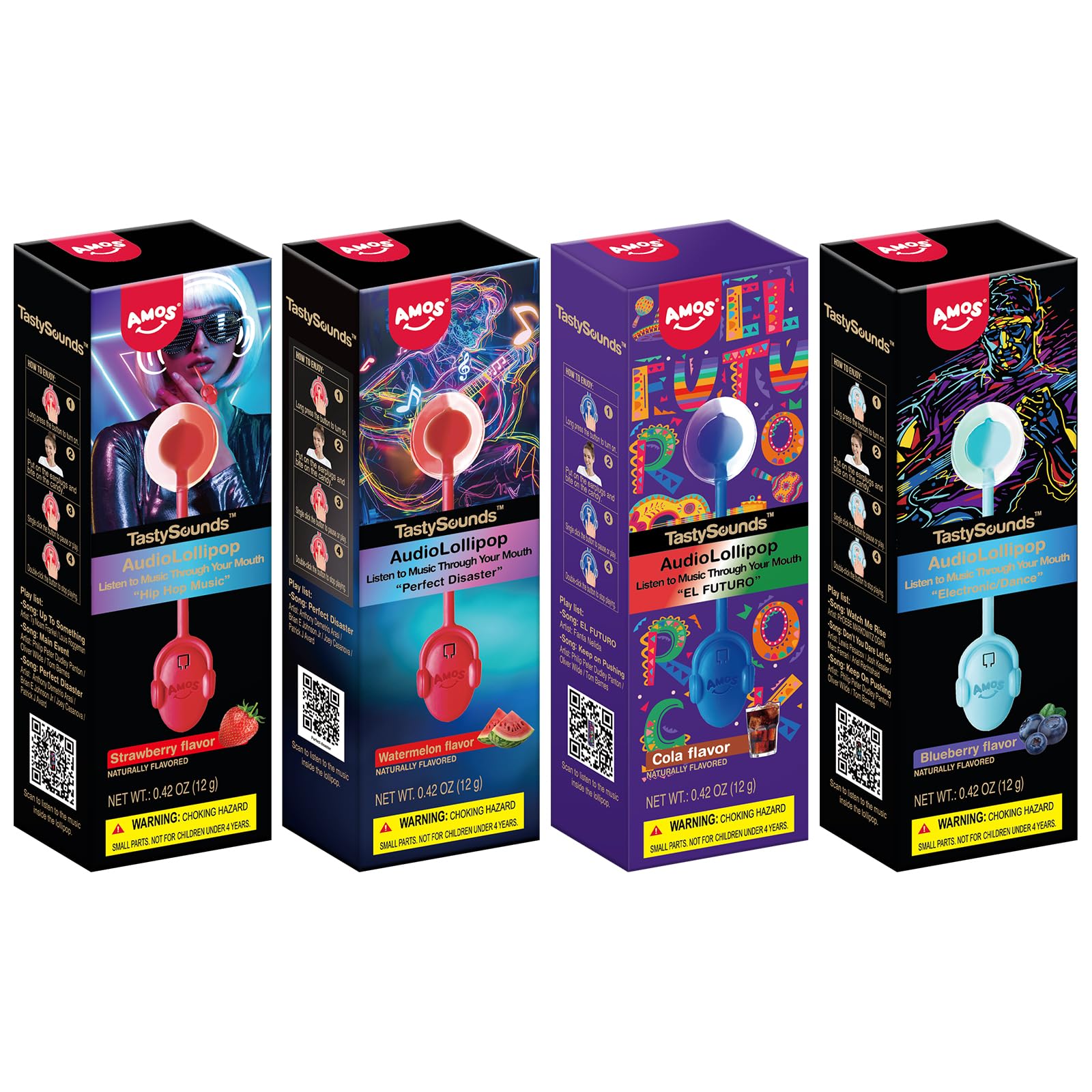 Amos TastySounds Audio Music Lollipop Candy - Singing Music Lollipop Suckers, Sugar-Free, 4-Pack Variety (Strawberry, Blueberry,