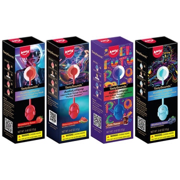 Amos TastySounds Audio Music Lollipop Candy - Singing Music Lollipop Suckers, Sugar-Free, 4-Pack Variety (Strawberry, Blueberry,