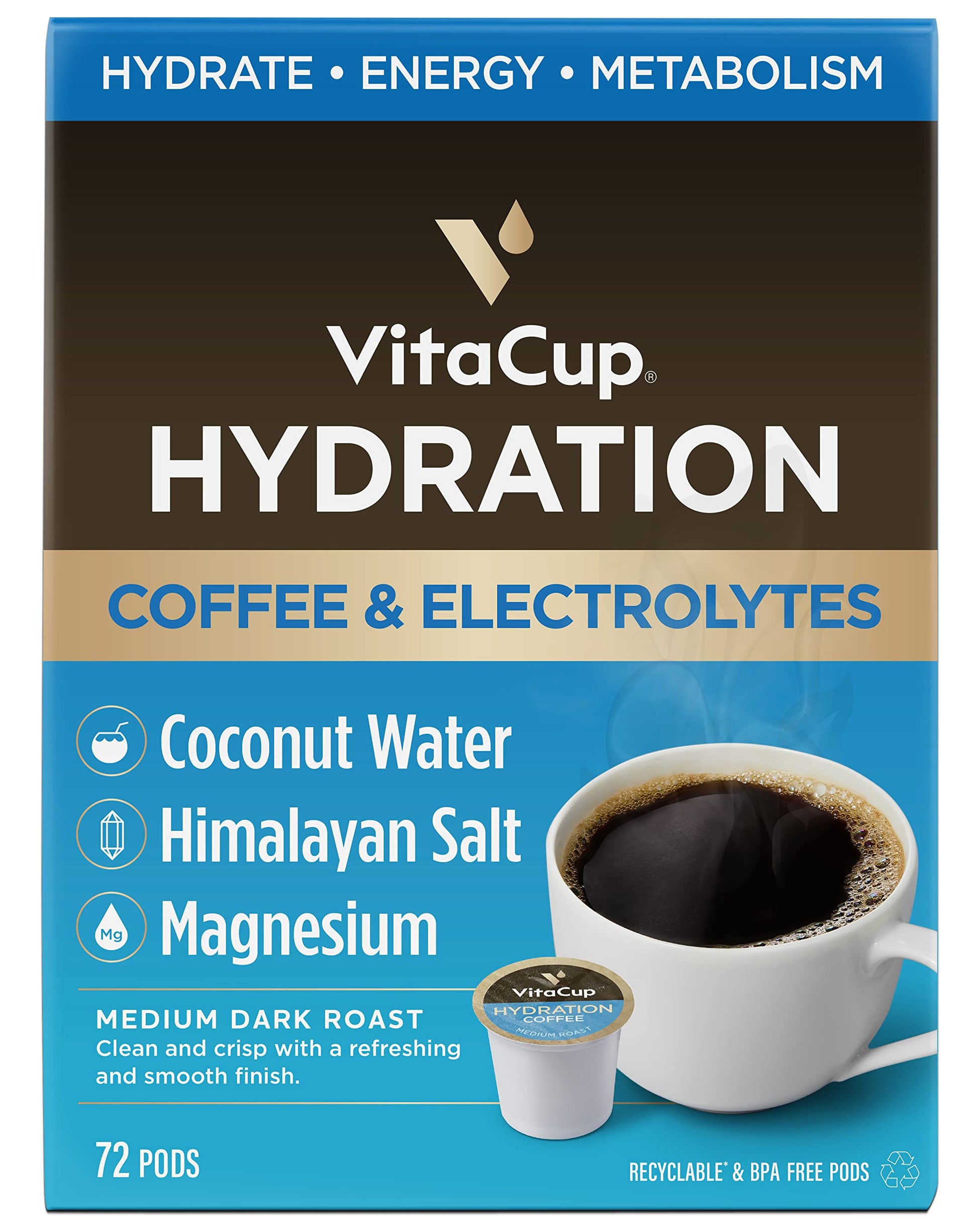 Vitacup Hydration Coffee Pods, The First Coffee That Hydrates You W/Electrolytes, Coconut Water, Pink Himalayan Salt, Magnesium, Medium Roast,Single Serve Pod Compatible W/Keurig K-Cup Malt-Inspired, 72Ct