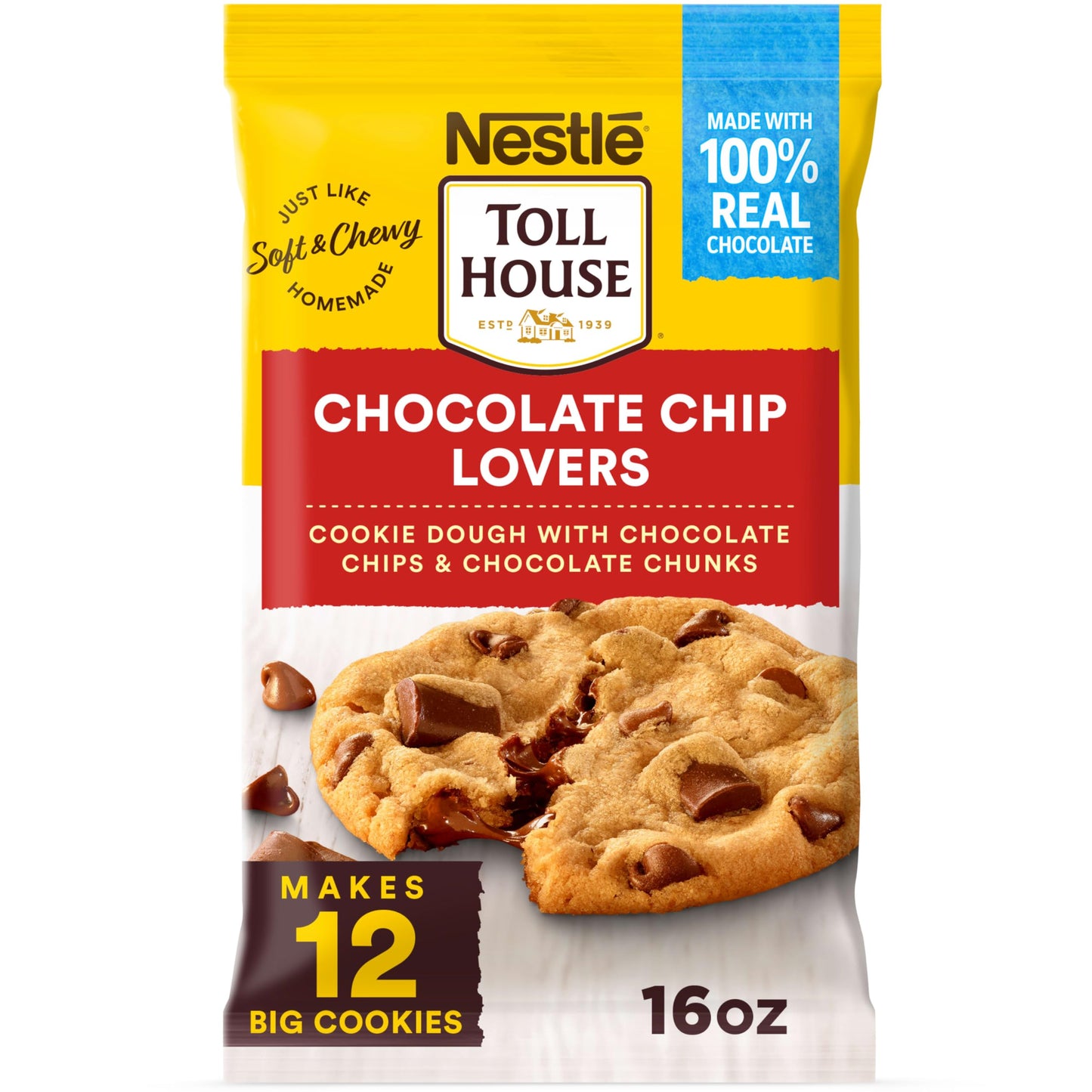 Nestle Toll House Chocolate Chip and Chocolate Chunk Cookie Dough with 100% Real Chocolate Chips - 12 Big Ready to Bake Chocolat