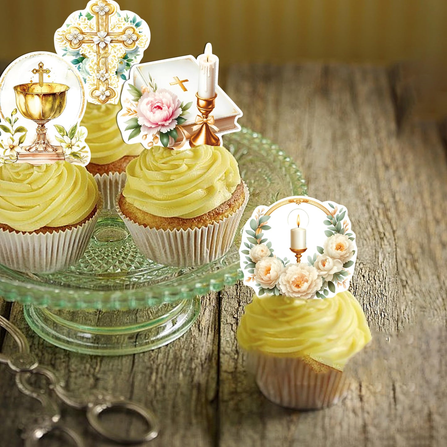 Foowztao 48 PCS Edible Cupcake Toppers - Wafer Paper Dove Cross - Golden - First Holy Communion, Baptism, Baby Shower, Birthday Party Decorations