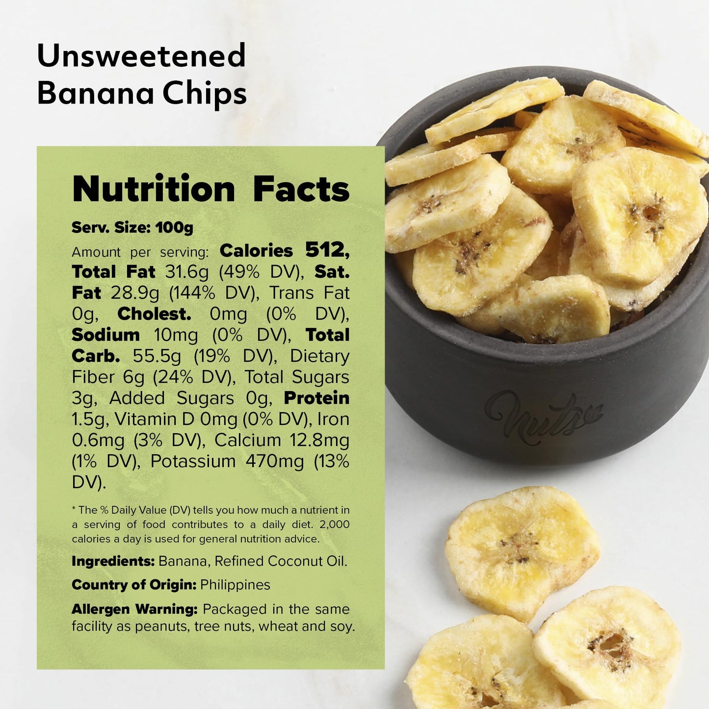 NUTS U.S. Unsweetened Banana Chips, No Sulphur, Non-GMO, 1 Pound Resealable Bag