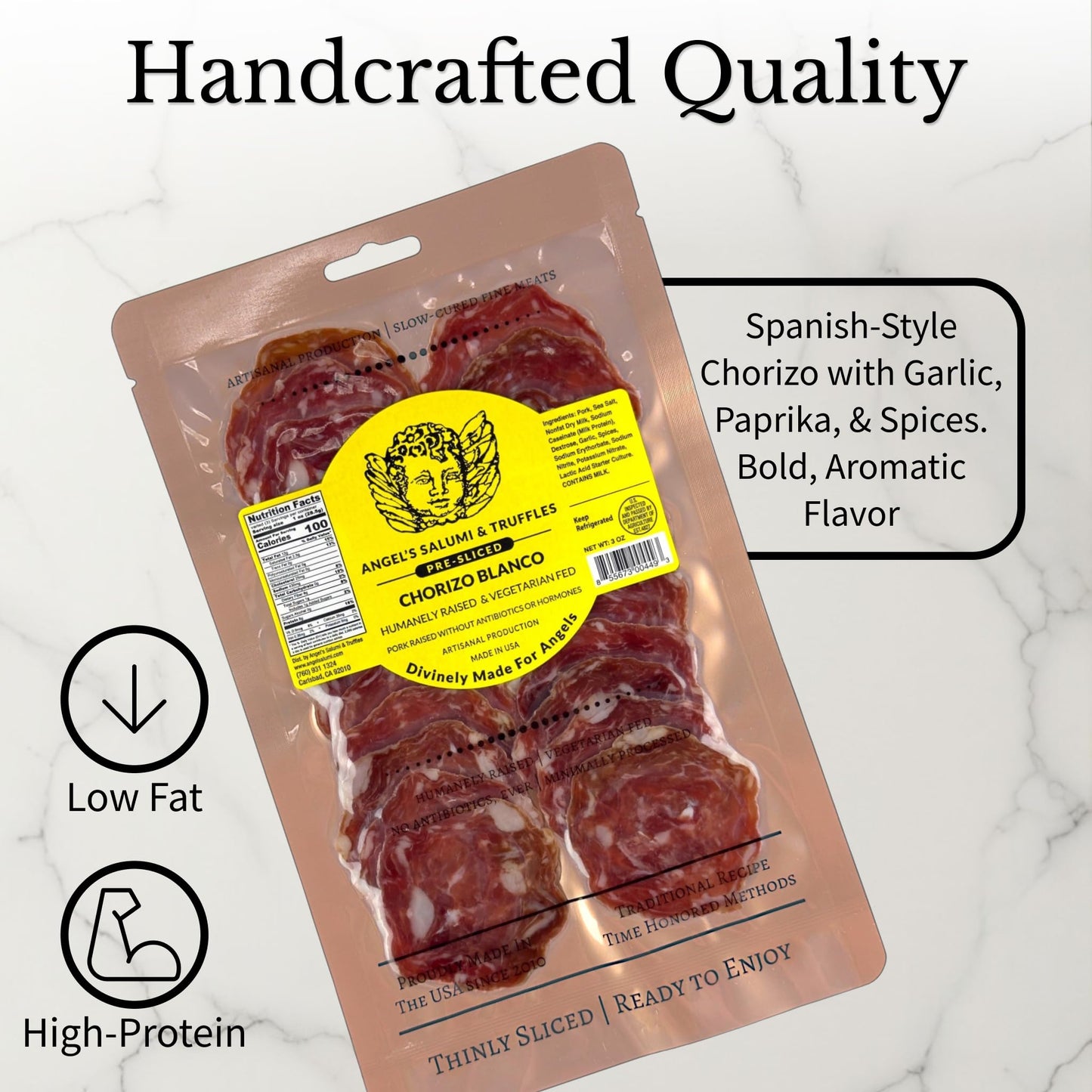 Angels Salumi Chorizo Blanco Salami – Gourmet Artisanal Charcuterie, 3oz (Pack of 12), Humanely Raised, MSG-Free