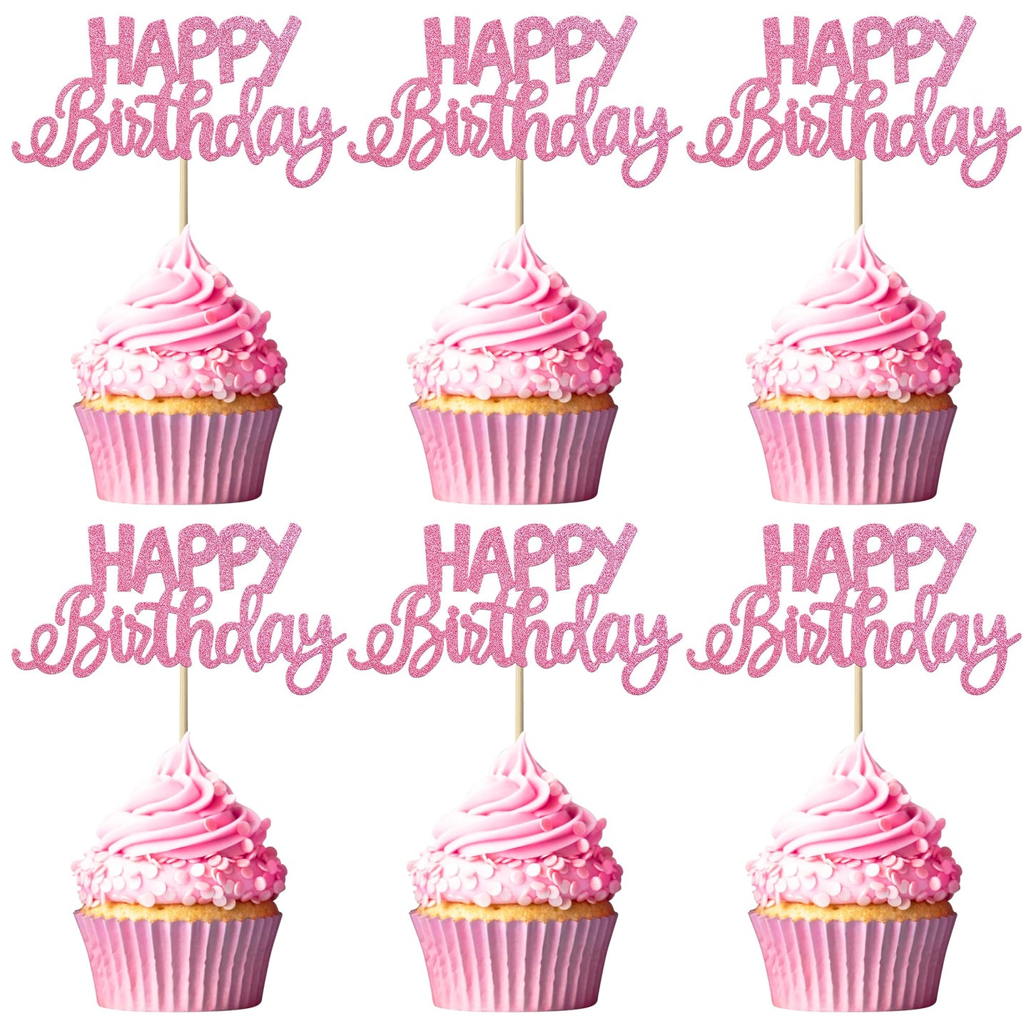 YCTHUNFISH 24 Pack Cupcake Toppers Glitter Bamboo Picks W 2.5 inch H 4.2 inch Pink for Birthday Baby Shower Party Decorations