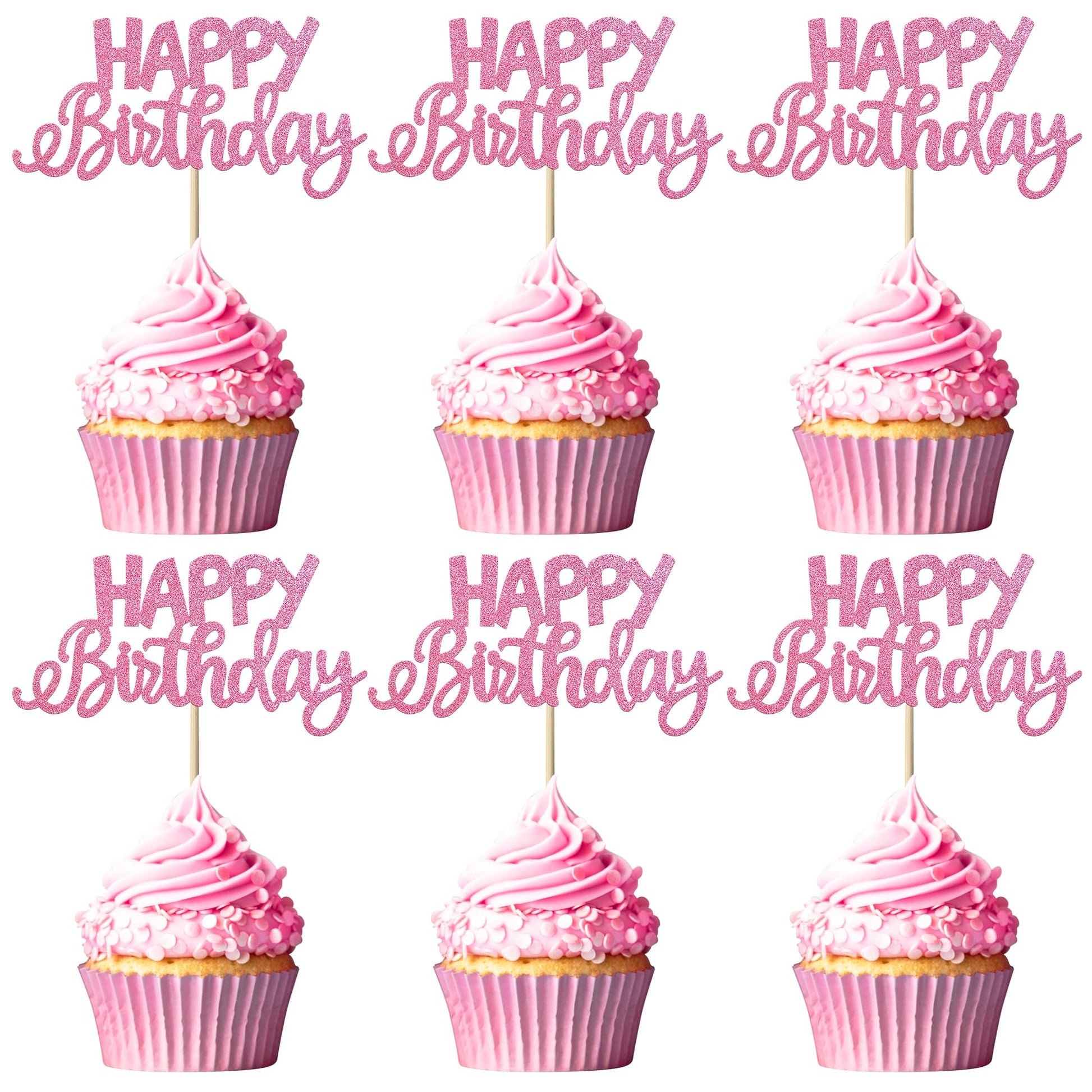 YCTHUNFISH 24 Pack Cupcake Toppers Glitter Bamboo Picks W 2.5 inch H 4.2 inch Pink for Birthday Baby Shower Party Decorations