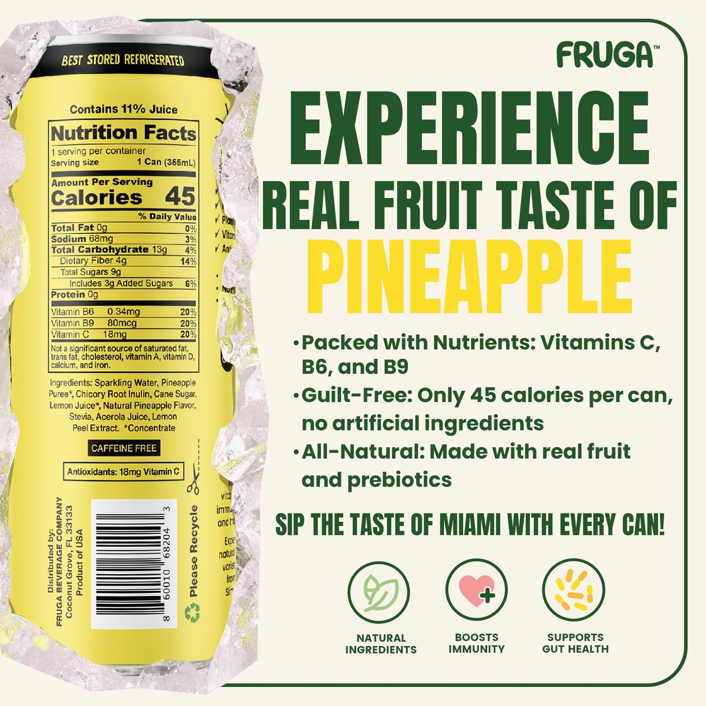 FRUGA Pineapple Sparkling Fruit Soda, Prebiotic, Low Calorie, 12 Fl Oz (Pack of 12)