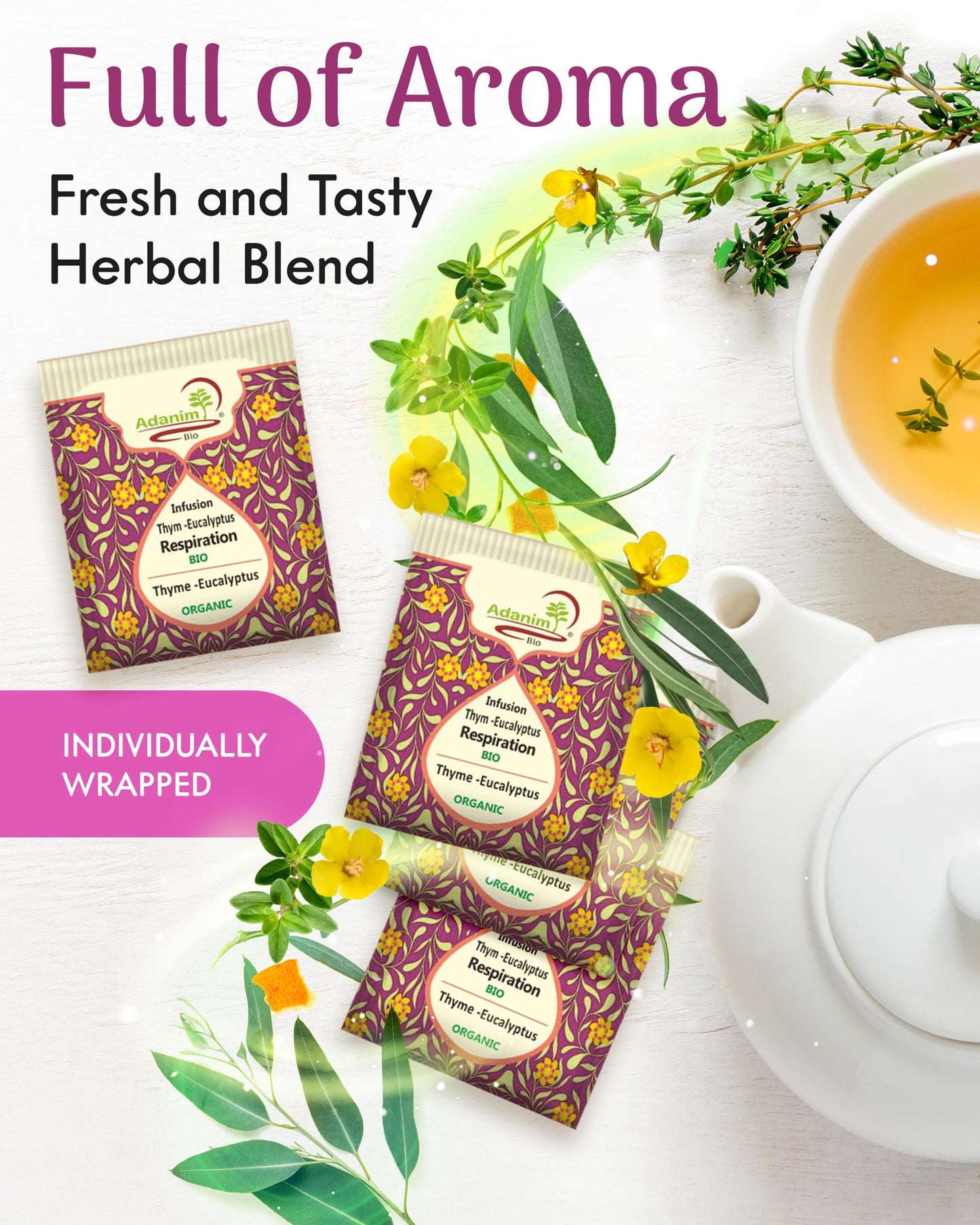 Adanim Bio Thyme Tea, Value Pack 80 Teabags With Organic Mullein Leaf And Eucalyptus Tea, Enhanced Respiratory And Lung Health, Caffeine Free Thyme Tea Bags