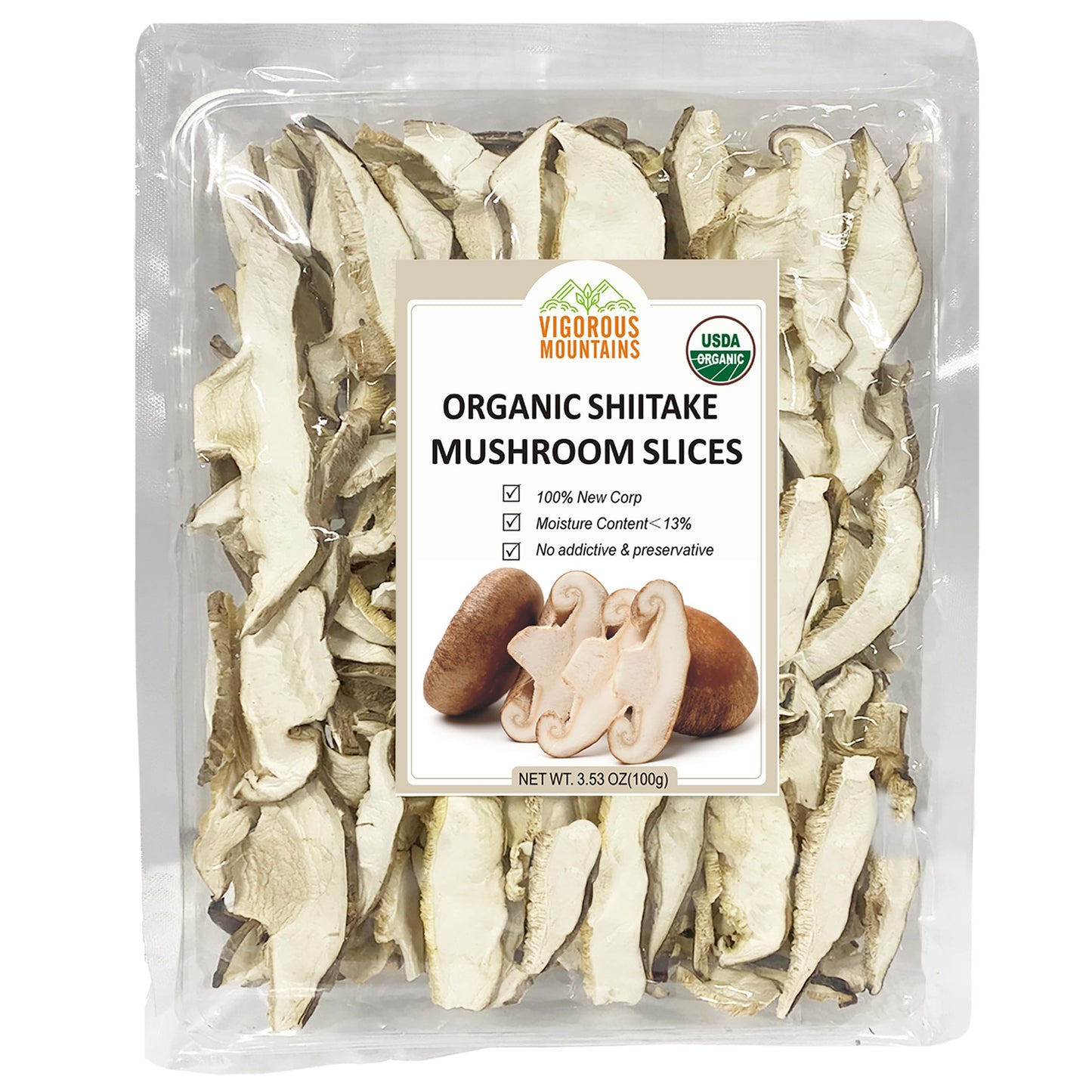 Vigorous Mountains Organic Shiitake Mushrooms Sliced, Great Size Fresh Texture Rehydrate Quickly, Dried Shiitake Mushrooms For Cooking Soups, Ramen, Pasta And Risotto, All Natural Vegan (3.53Oz)