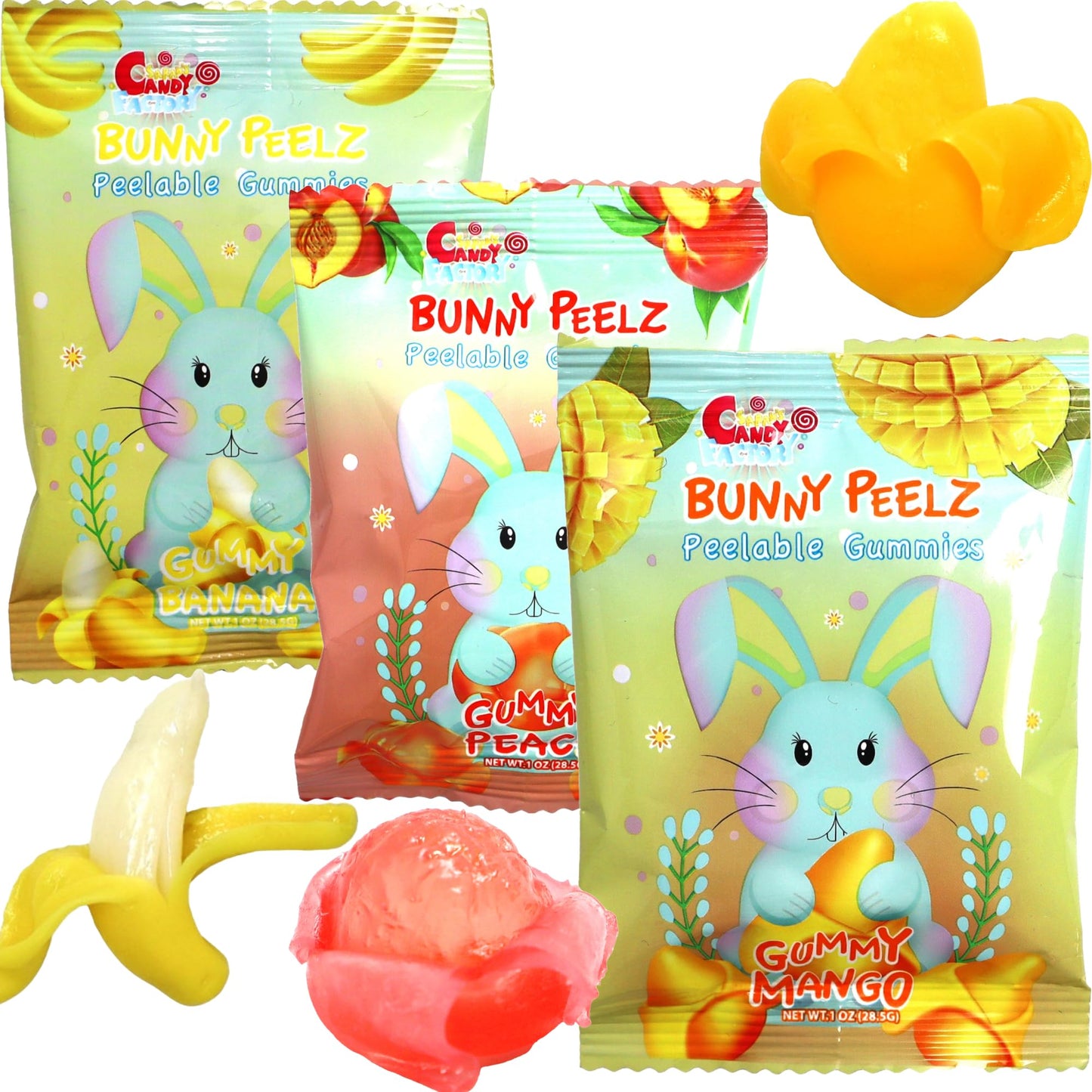 Sarah's Candy Factory 3 Variety Peelable Gummy Candy, Mango, Peach, and Banana Flavors 1 Oz (18 Pack) Single Serve Snack Packs, 