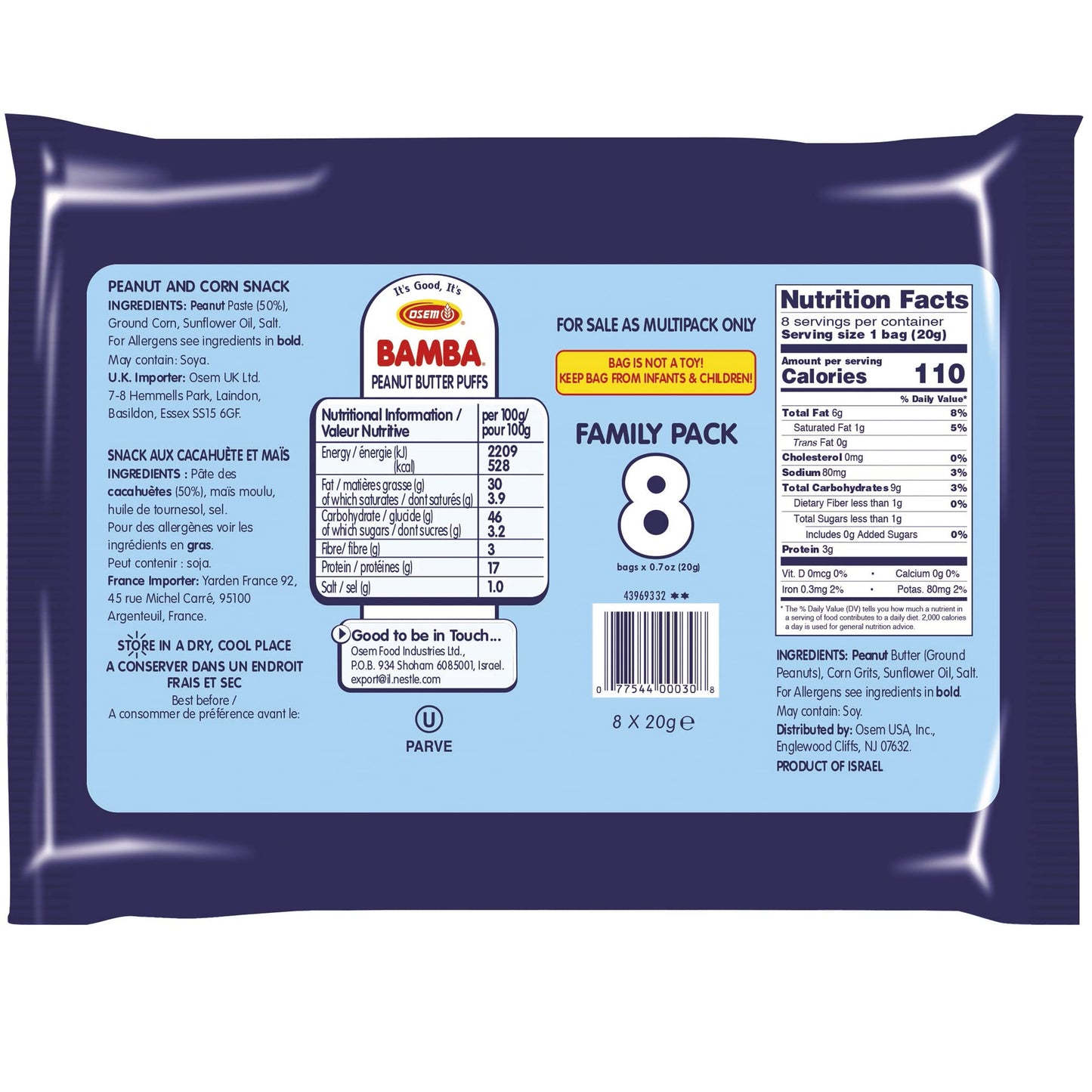 Osem Bamba Peanut Snacks - All Natural Peanut Puffs Family Pack, 8 x 0.7oz Bags, 50% Peanuts