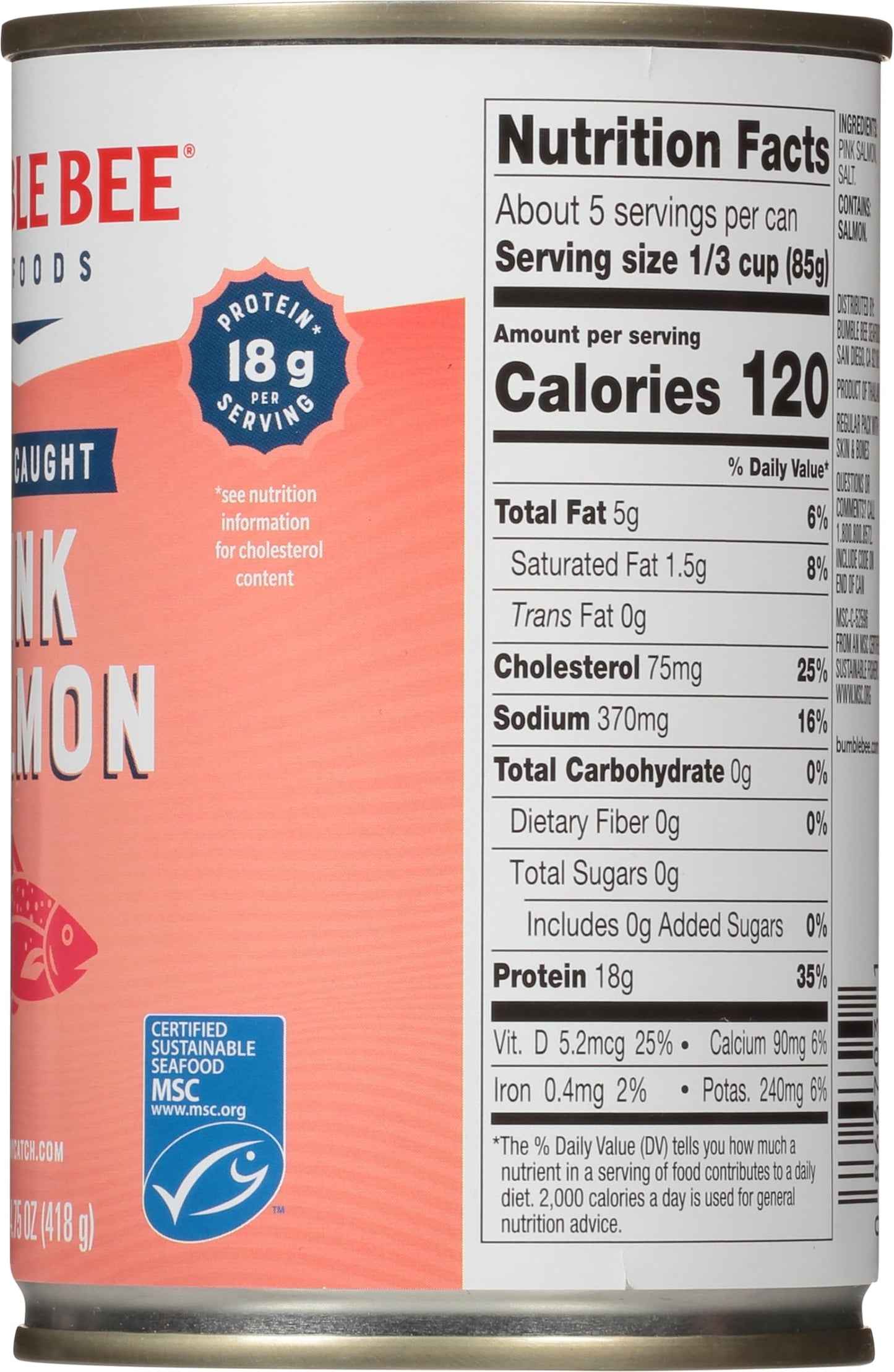 Bumble Bee Canned Pink Salmon, 14.75 Oz Can - Premium Wild Caught Salmon With Skin & Bones - 18G Protein Per Serving - Msc Certified Sustainable Seafood, Non-Gmo, Gluten Free, Kosher