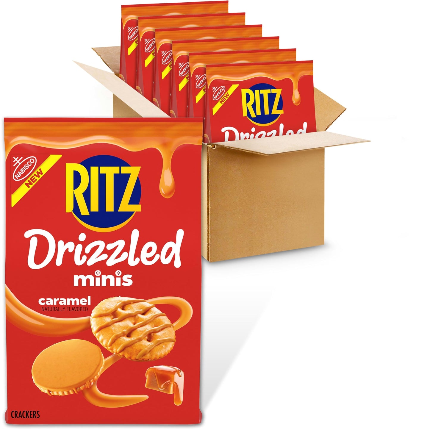 RITZ Drizzled Minis Caramel Crackers, Snacks for Kids and Adults, Party Snacks, 6-8 oz Bags