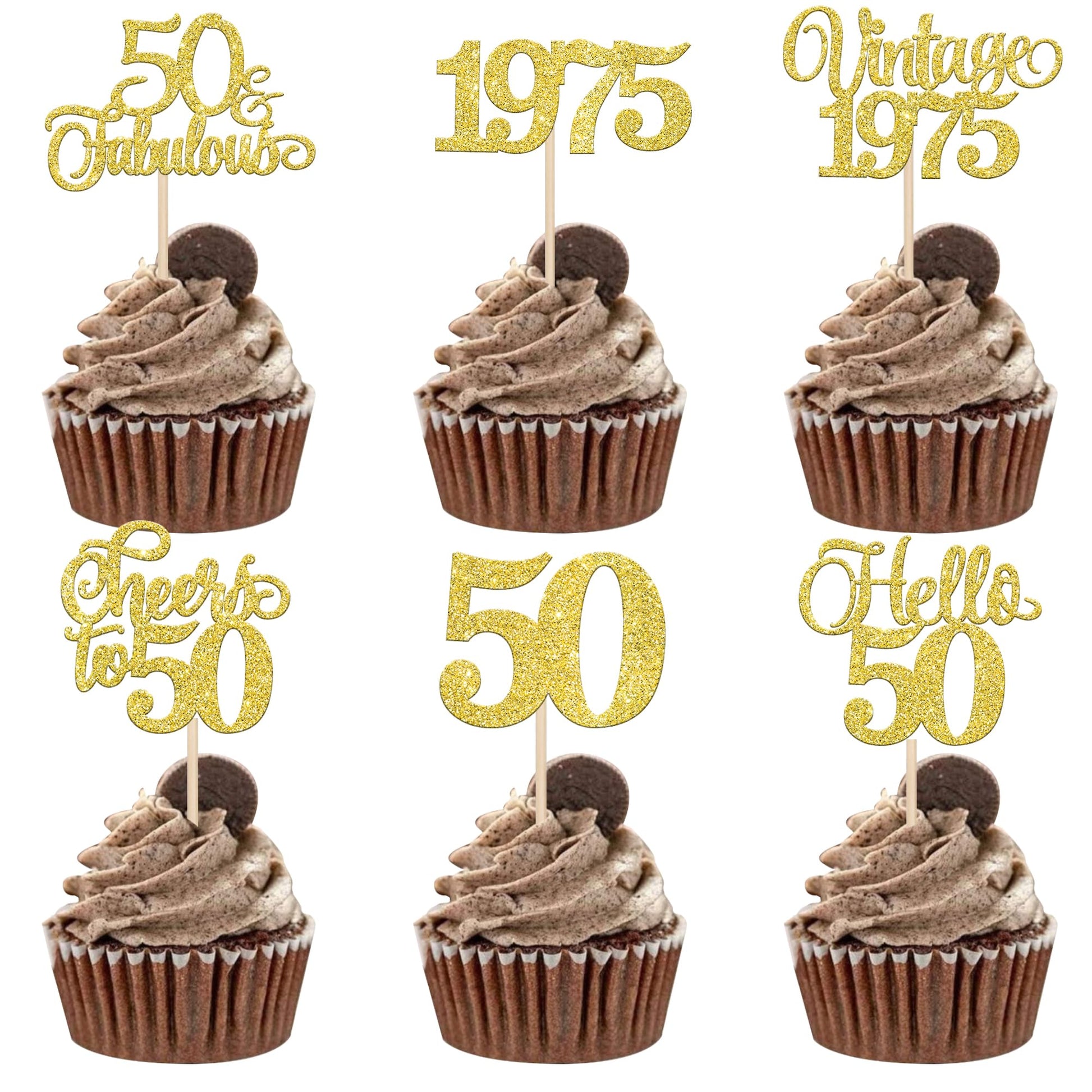 Rsstarxi 50th Birthday Cupcake Toppers, Gold Glitter, Vintage 1975, Paper, 24 Pack