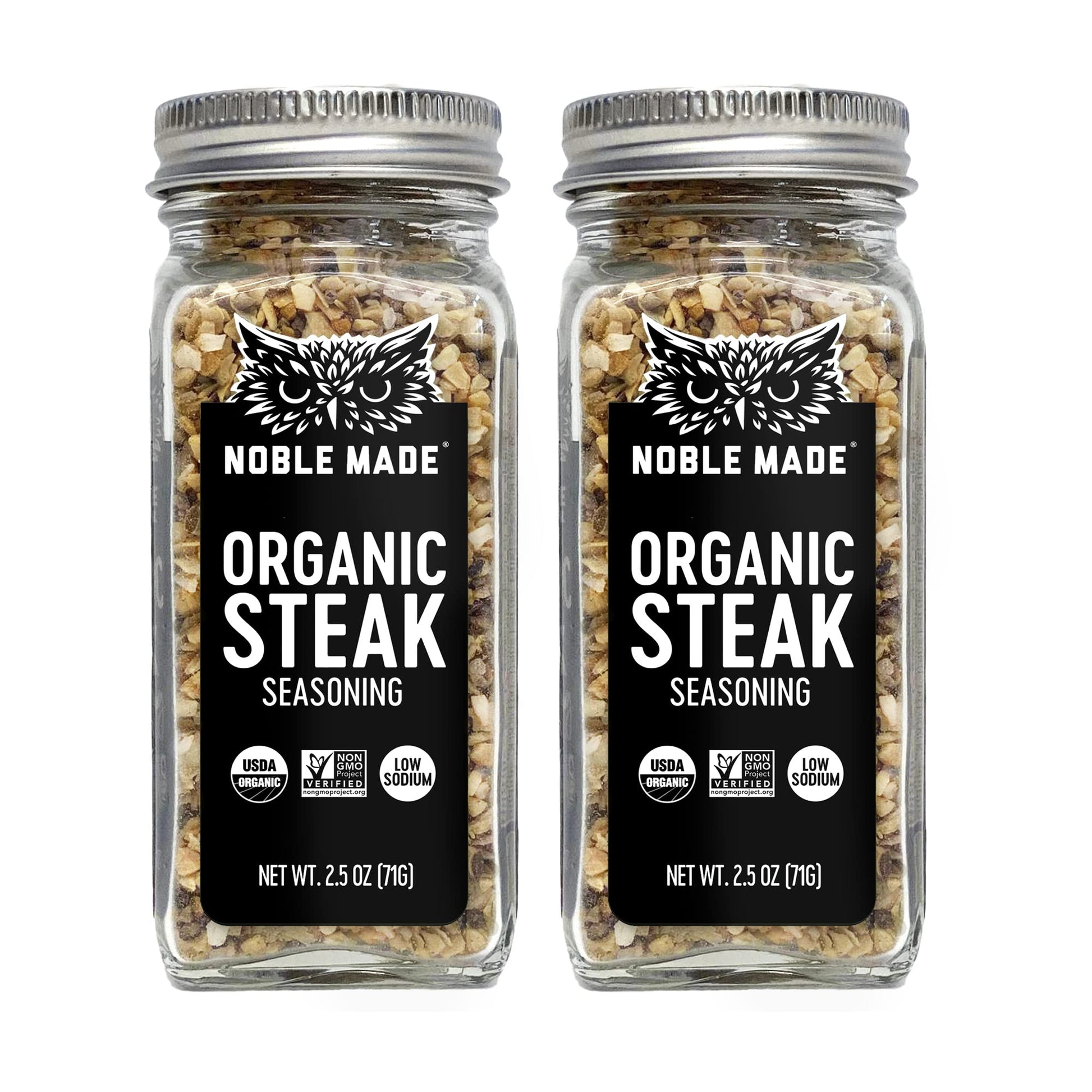 Noble Made Organic Steak Seasoning, Keto, Gluten Free, Sugar Free, Usda Organic, Low Sodium, All Natural, Great For Grilling, Steak, Potatoes, Vegetables, Hamburgers, 2 Ct Bundle, Glass Shakers