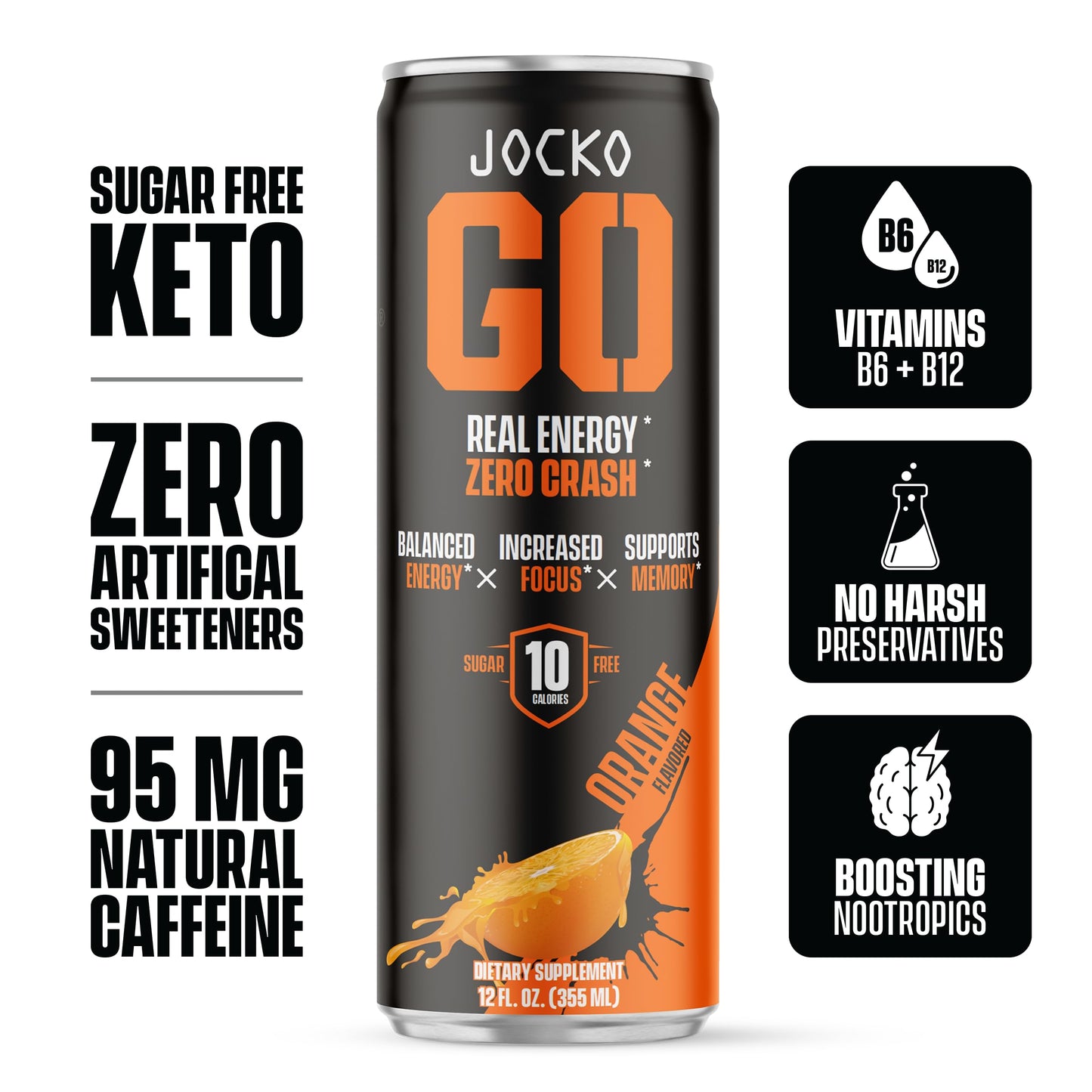 Origin Jocko GO Energy Drink - KETO, Sugar Free, Electrolytes, L-Theanine, 12 Fl Oz, Pack of 12, Afterburner Orange
