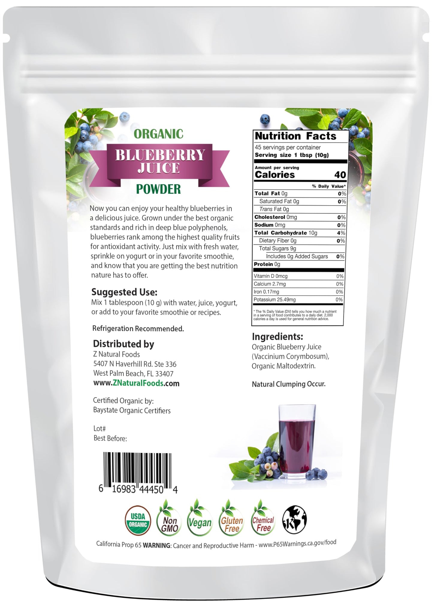 Z Natural Foods Organic Blueberry Juice Powder - Non-GMO, Gluten-Free, Vegan, 16 oz