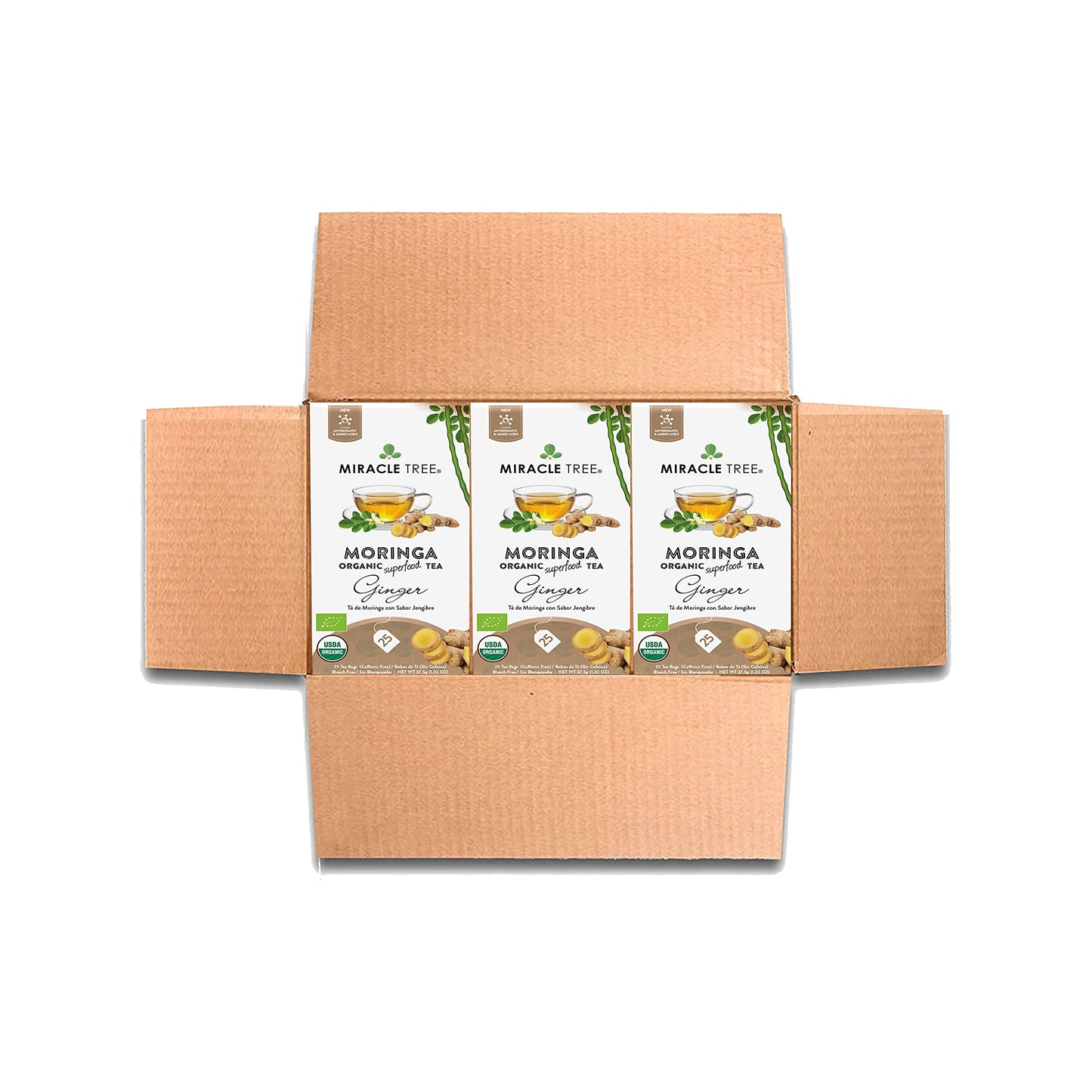 Miracle Tree Organic Moringa Superfood Tea - 3 Pack, 25 Individually Sealed Bags, Ginger, Caffeine-Free, Vegan, Gluten-Free