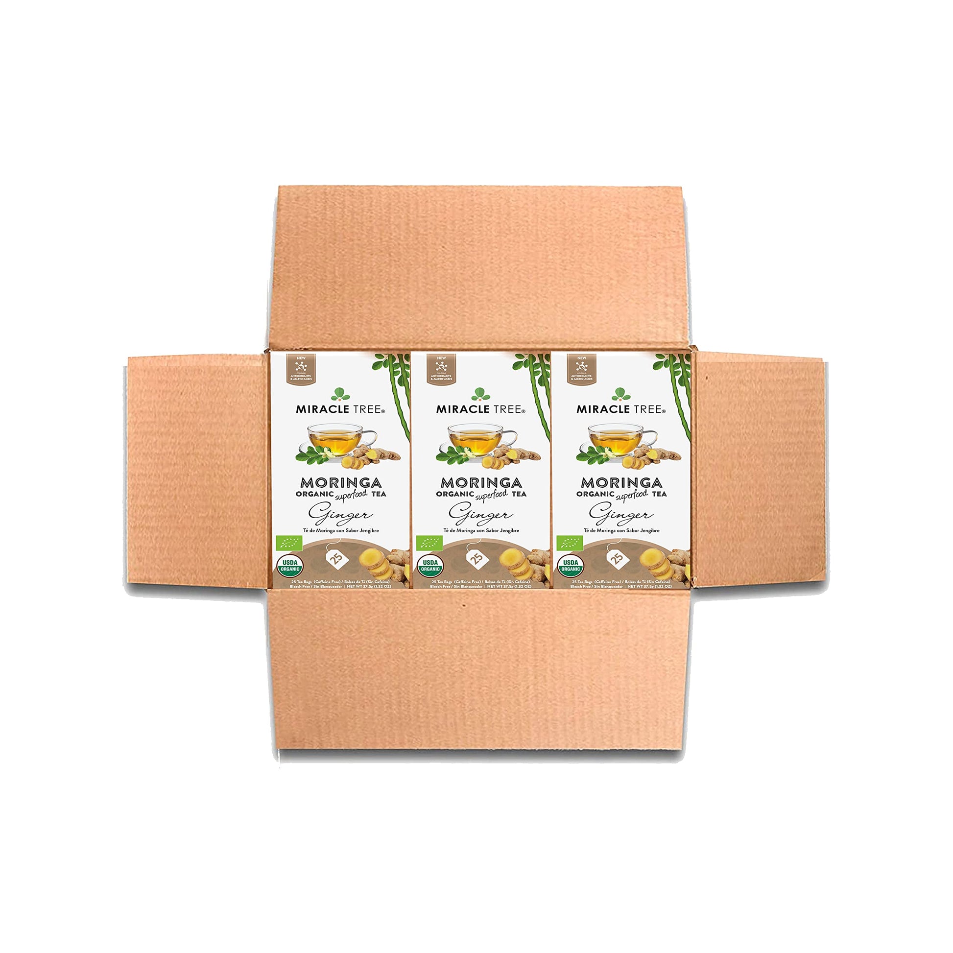 Miracle Tree Organic Moringa Superfood Tea - 3 Pack, 25 Individually Sealed Bags, Ginger, Caffeine-Free, Vegan, Gluten-Free