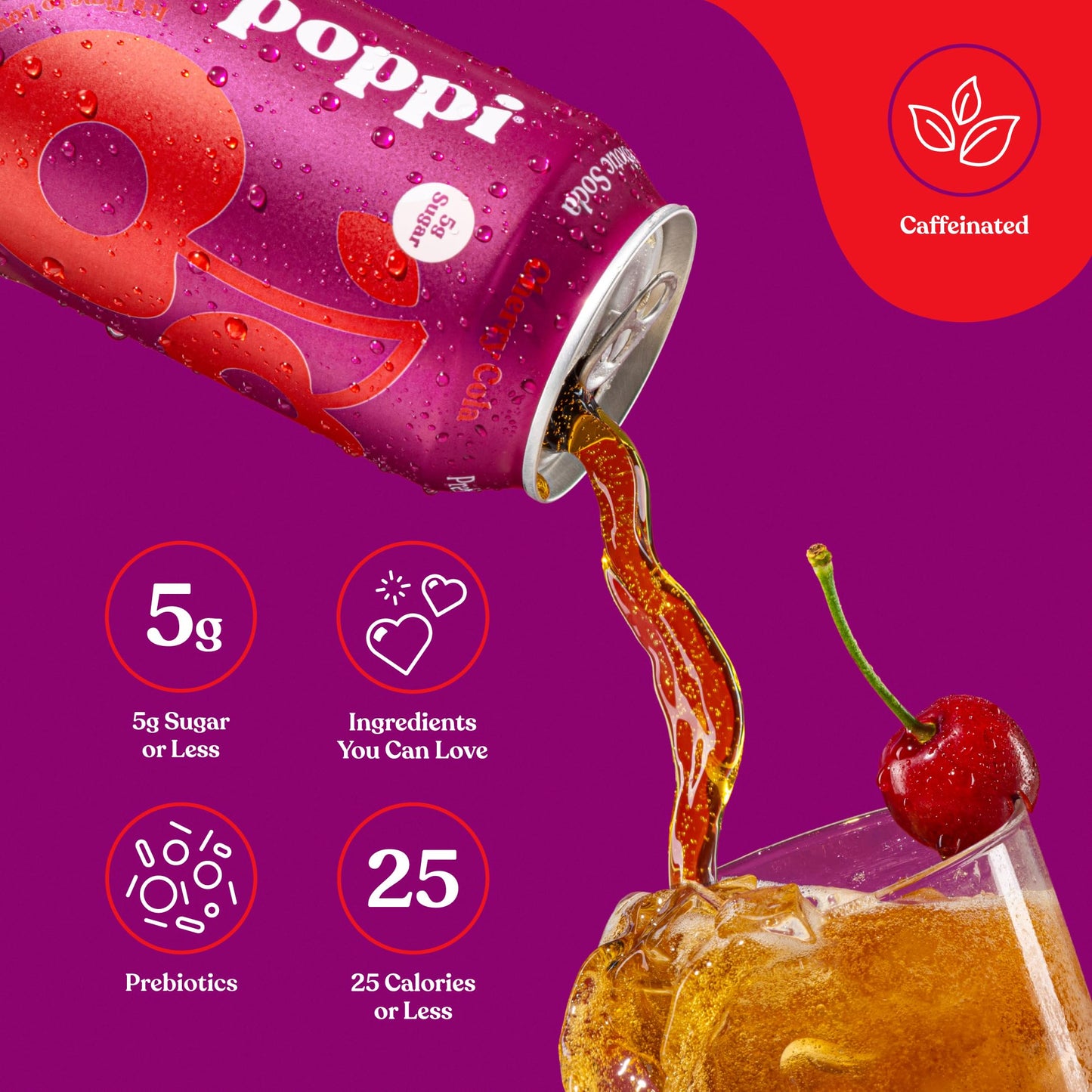 Poppi Sparkling Prebiotic Soda Beverage, Cherry Cola Flavor, 12 Fl Oz, Pack of 12