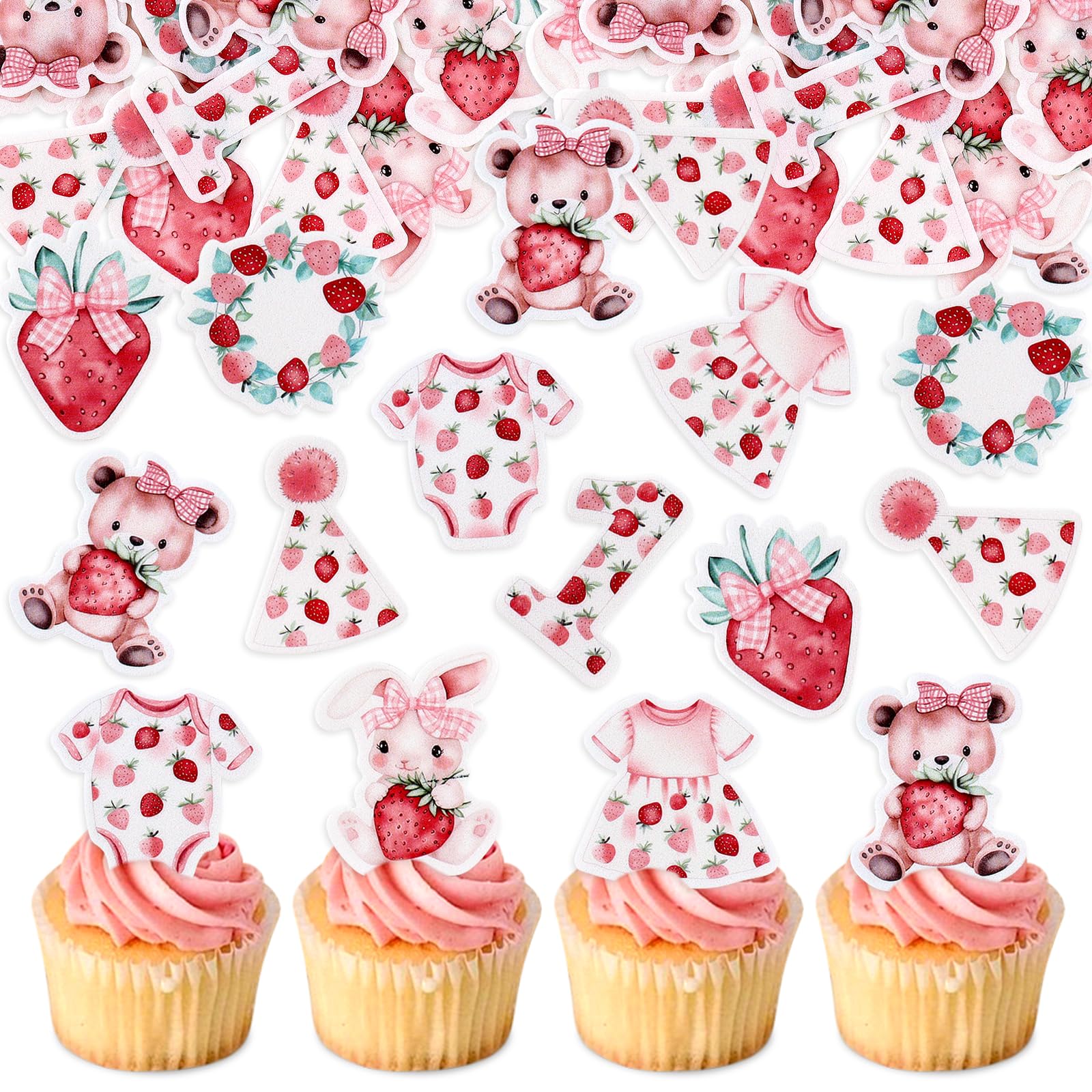 40 Pack Edible Strawberry Cupcake Toppers Strawberry One Bear Rabbit Bridal Engagement Baby Shower Birthday Party Drink Toppers 