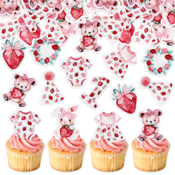 40 Pack Edible Strawberry Cupcake Toppers Strawberry One Bear Rabbit Bridal Engagement Baby Shower Birthday Party Drink Toppers 