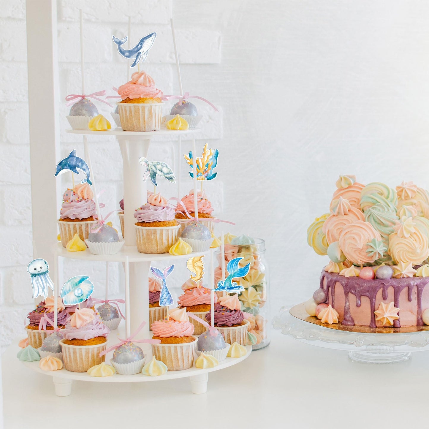 Gyufise 36Pcs Mermaid Cupcake Toppers Under The Sea Turtles Octopus Mermaid Tail Cupcake Picks Seahorse Coral Cake Decorations F