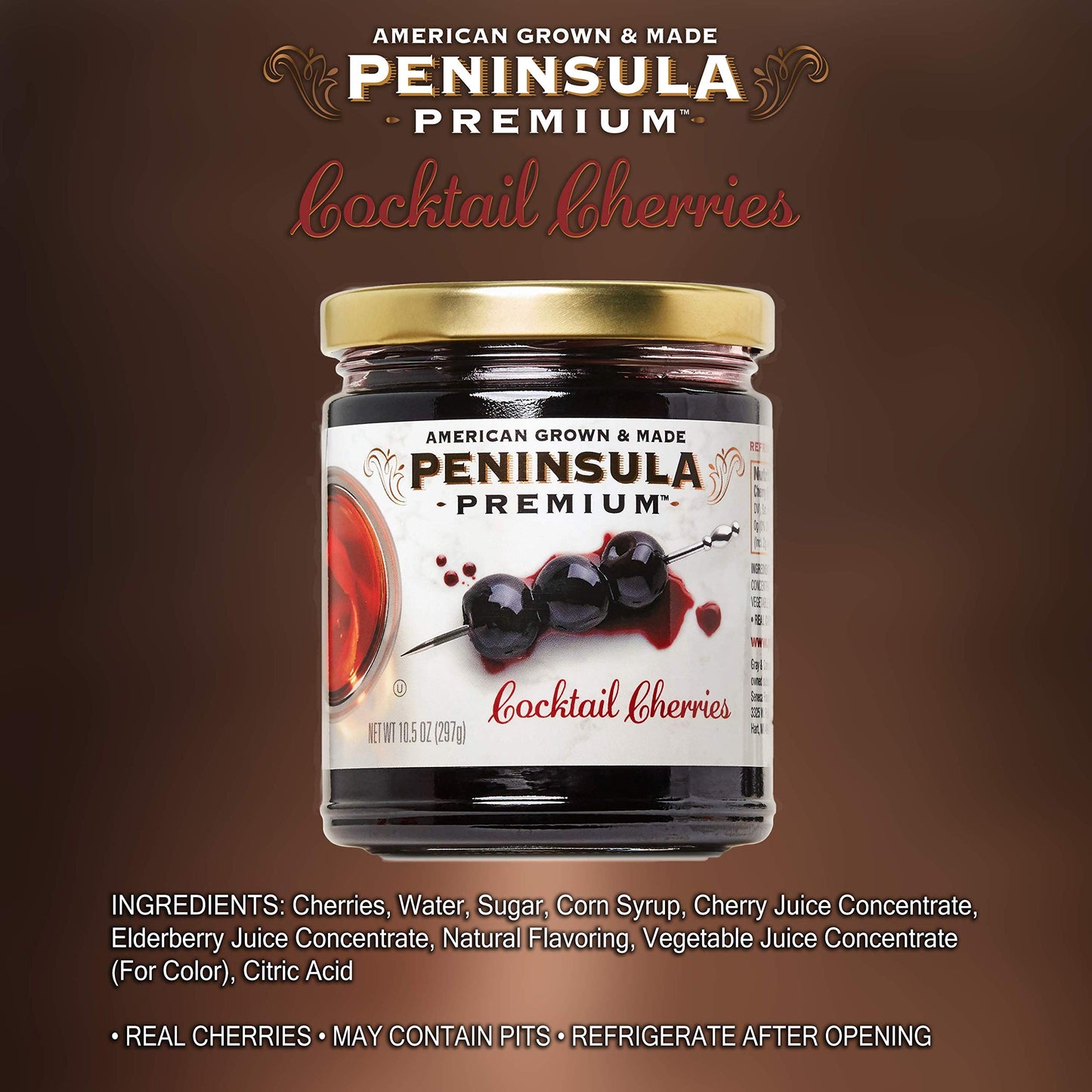 PENINSULA PREMIUM Cocktail Cherries, 10.5 oz (3-Pack), Deep Bur dy-Red, Silky Smooth Syrup, Sweet-Tart Flavor, American Grown