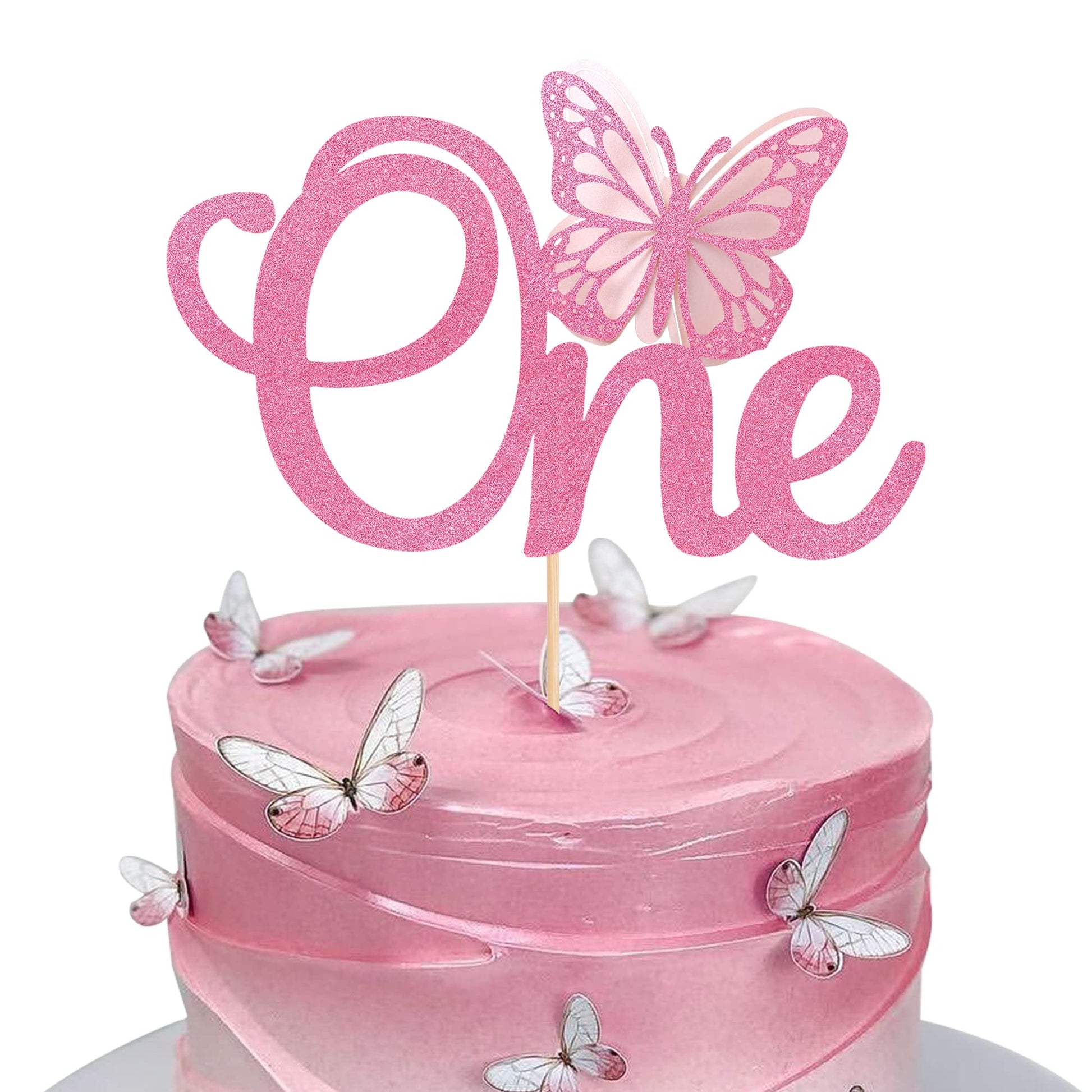Rsstarxi Butterfly Cake Topper, Pink Glitter, 1 Pack, for Baby Shower and 1st Birthday Party Decor, Model XM021-new