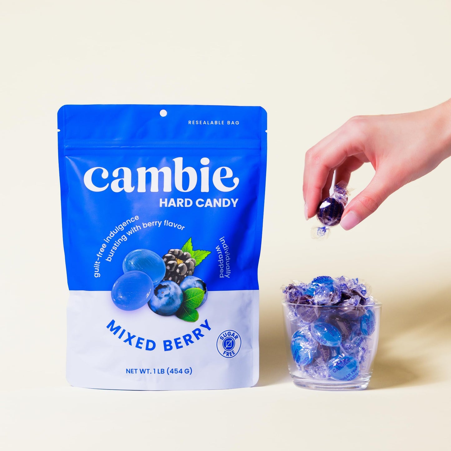 Cambie Sugar Free Mixed Berry Hard Candy - 1 lb Low Calorie Keto Friendly Snacks, Individually Wrapped, Resealable Pouch