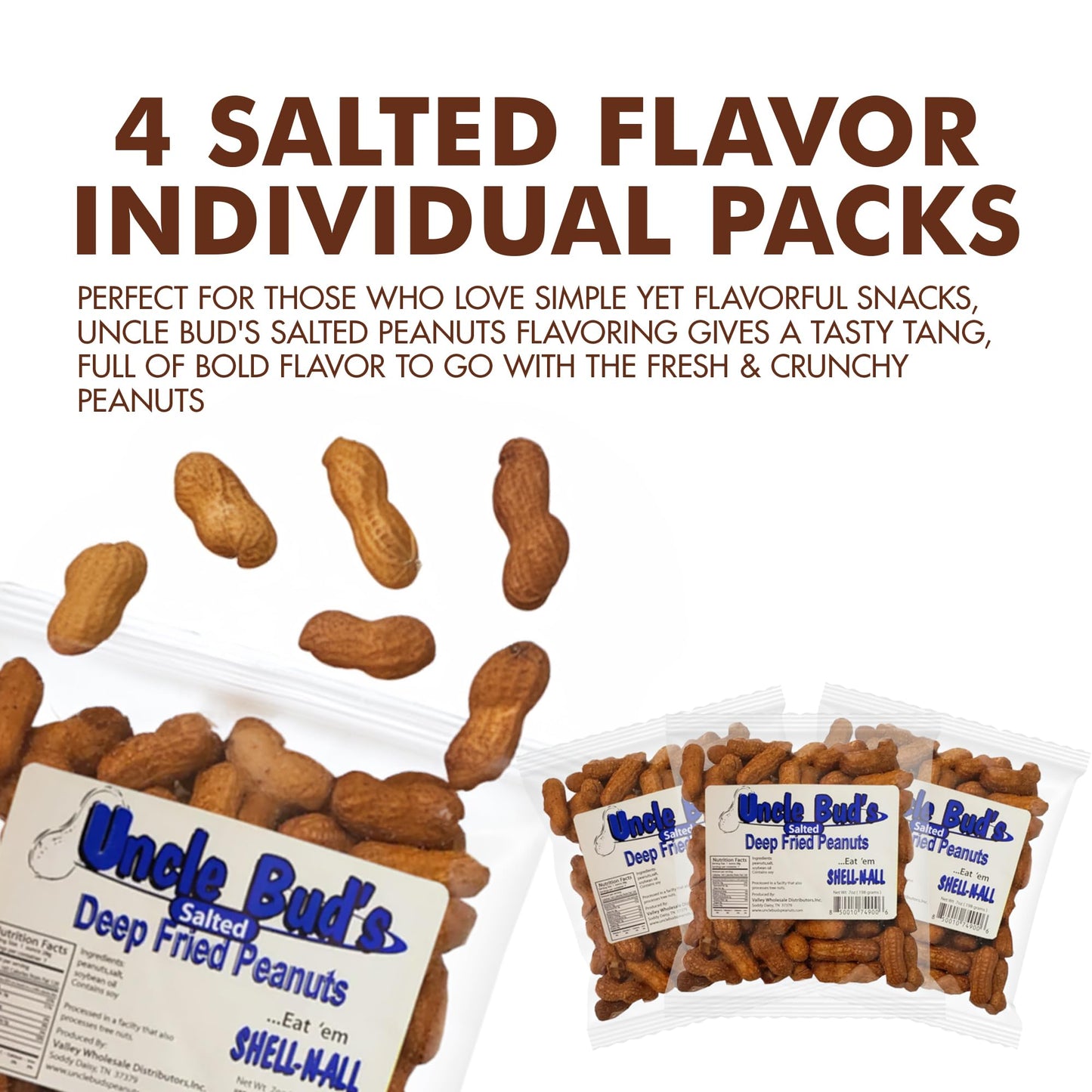Jerky-n-Spice Uncle Buds Deep Fried Salted Peanuts In Shell 4-Pack | High Protein Snack, Travel-Friendly, Bulk Peanuts