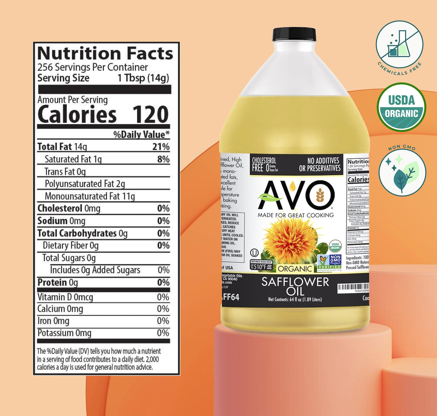 AVO Organic High Oleic Safflower Oil - Non-Stick Cooking, Baking, Frying - 64 Fl Oz (Half Gallon)