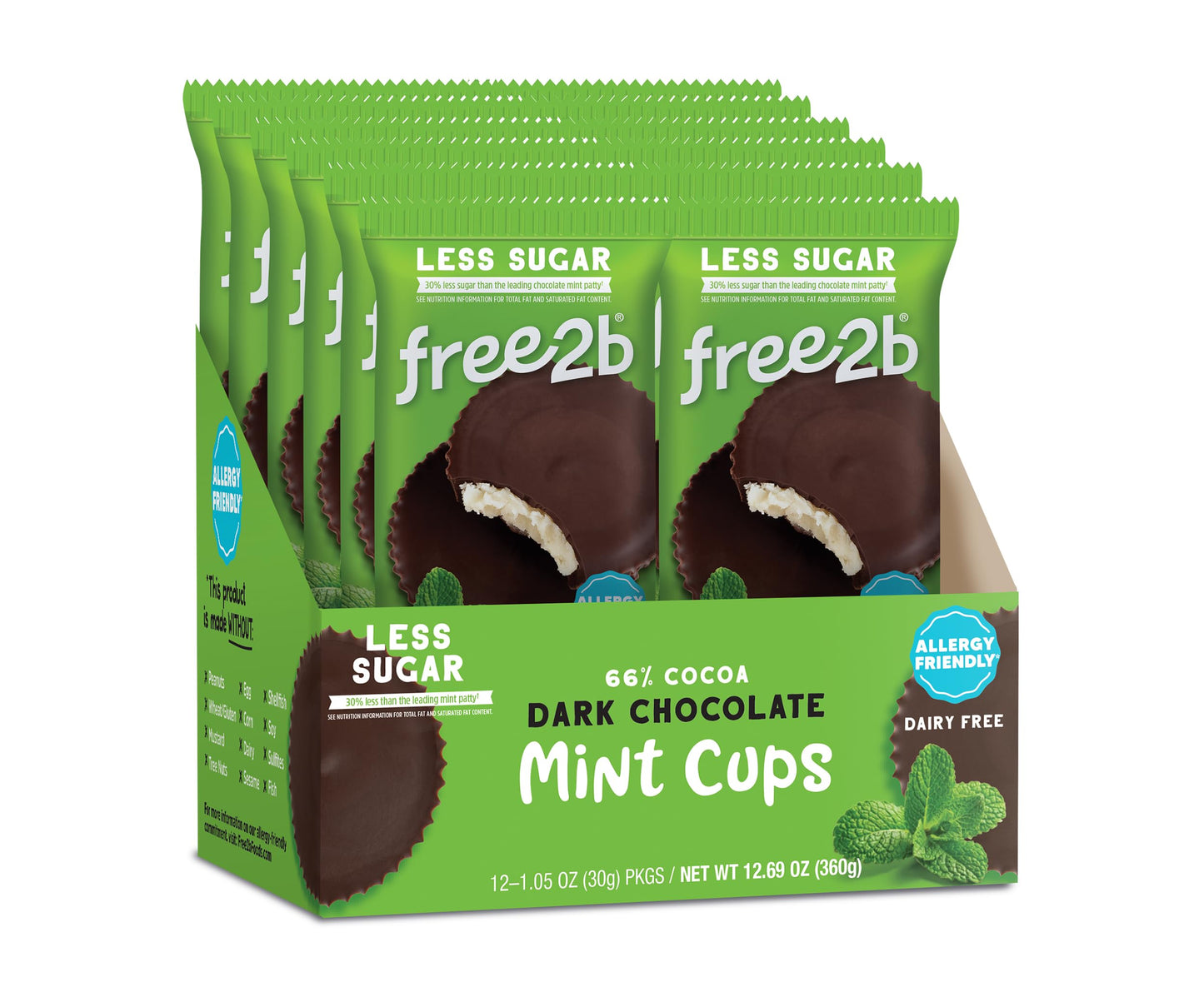 Free2b Dark Chocolate Mint Cups, Safe for School and Allergy Friendly - Gluten-Free, Dairy-Free, Nut-Free, and Soy-Free - Dark Chocolate, 2-Cup Packages (Pack of 12)