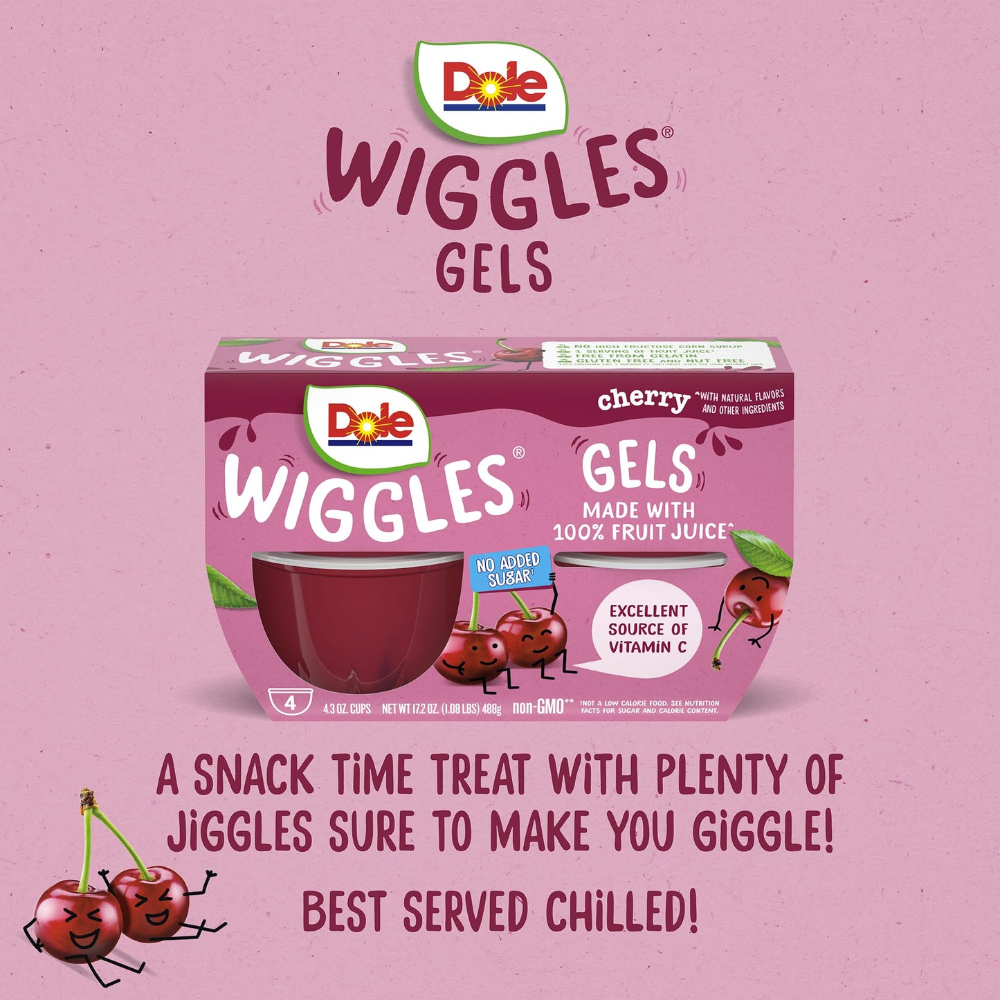Dole Wiggles No Sugar Added Cherry Fruit Juice Gel Snacks, 4.3oz 24 Total Cups, Gluten & Dairy Free, Bulk Lunch Snacks for Kids