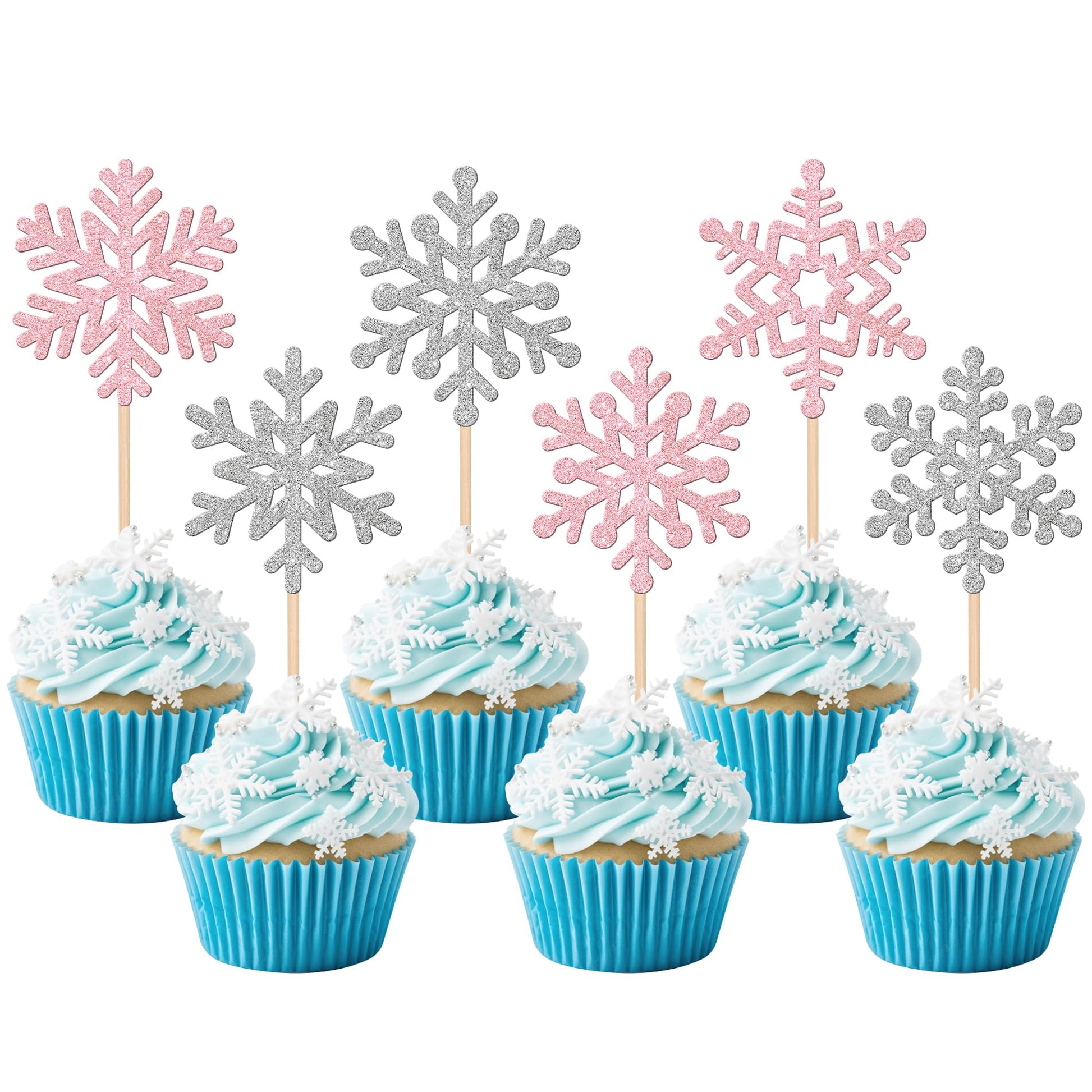 ZHUOWEISM 24 PCS Snowflake Cupcake Toppers Paper Winter Wonderland Decorations Silver Pink