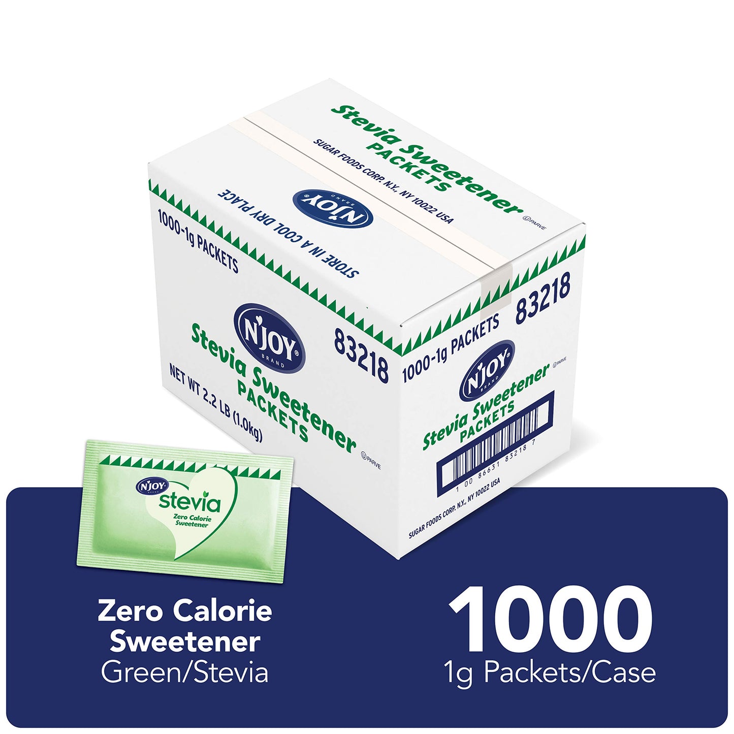 NJoy Zero Calorie Sweetener Green Stevia Packets 1000 Count Kosher Gluten Free