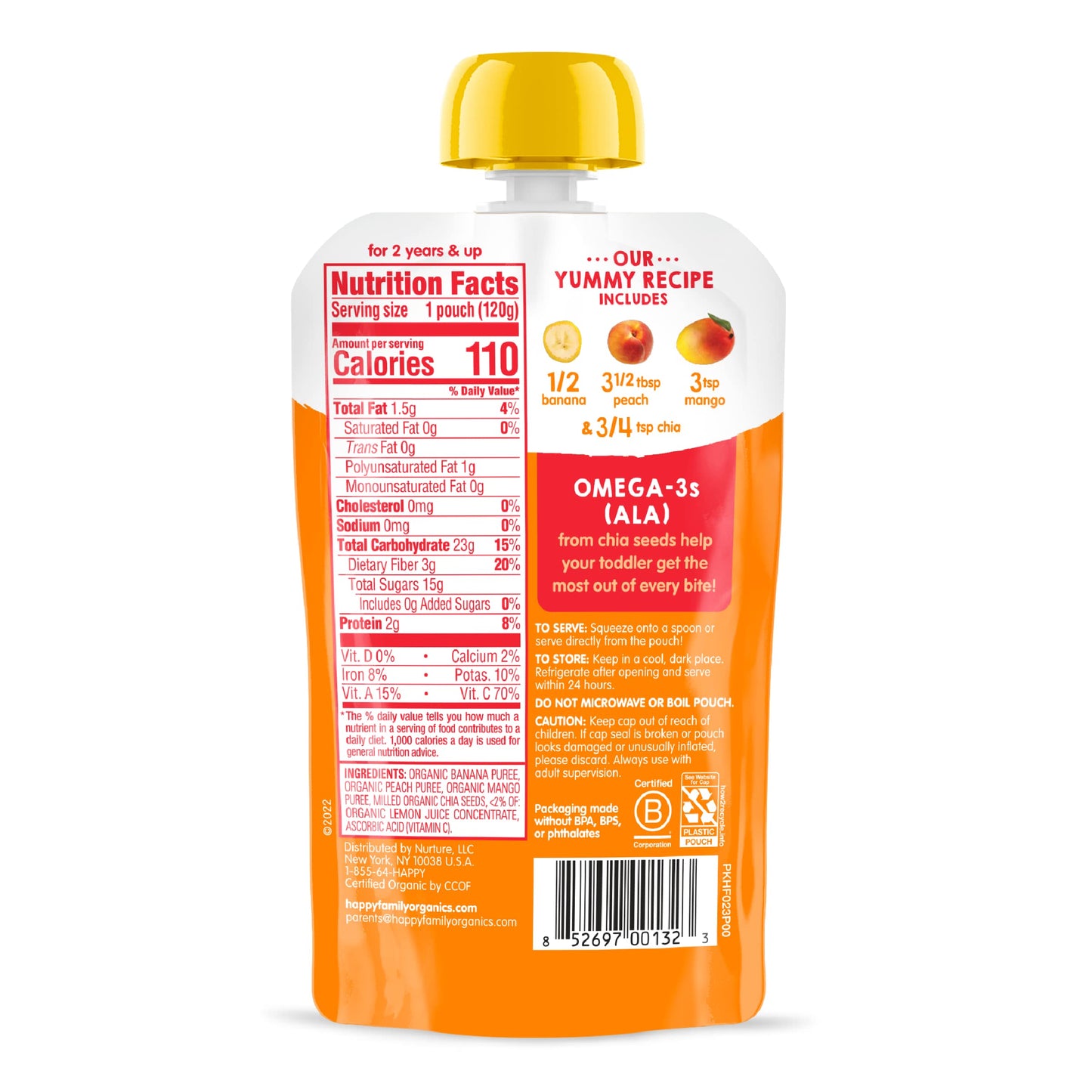 Happytot Organics Stage 4 Baby Food Pouches, Gluten Free, Vegan Snack, Superfoods Fruit & Veggie Puree, Bananas, Peaches, Mangos & Chia, 4.22 Ounce (Pack Of 16)