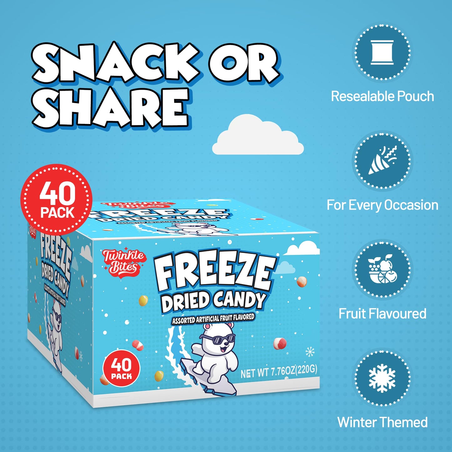 40 Pack Freeze Dried Candy- 10 Pcs Per Bag - Bulk Candy - Resealable Bag For, Kids, Adults, School, Party, Birthday, 5 Delicious